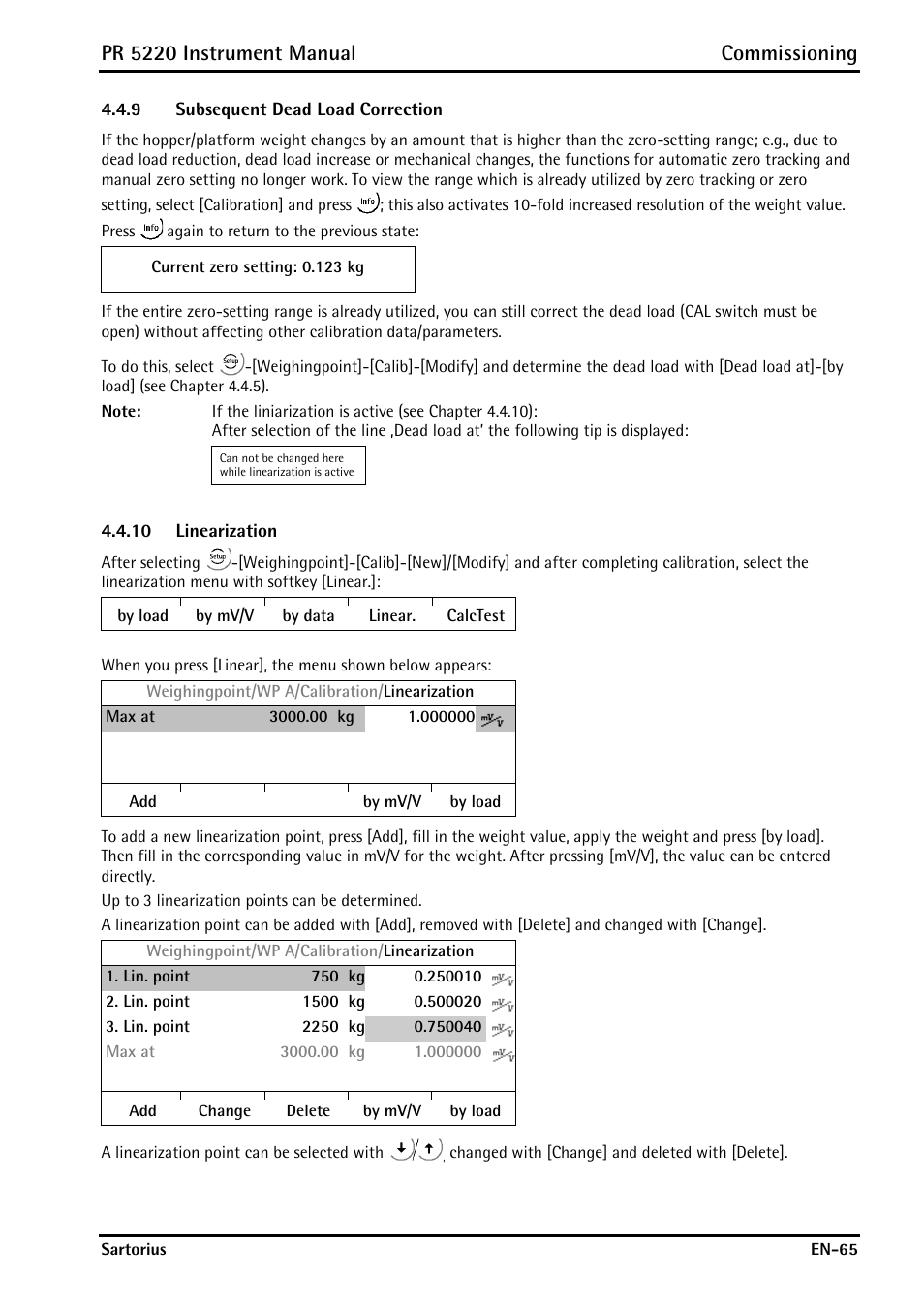 9 subsequent dead load correction, 10 linearization, Subsequent dead load correction | Linearization, Pr 5220 instrument manual commissioning | Rice Lake PR5220 Ethernet Transmitter User Manual | Page 65 / 172