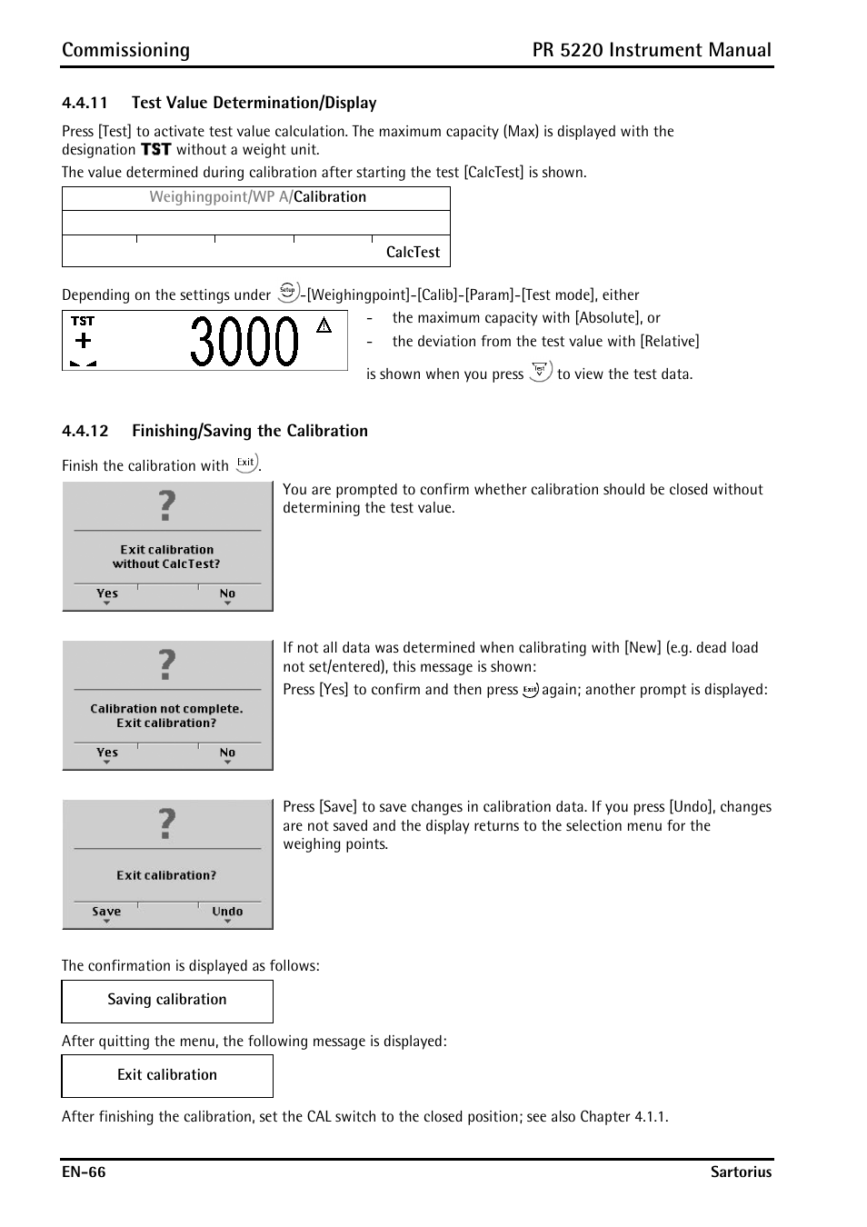 11 test value determination/display, 12 finishing/saving the calibration, Test value determination/display | Finishing/saving the calibration, Er 4.4.12, Commissioning, Pr 5220 instrument manual | Rice Lake PR5220 Ethernet Transmitter User Manual | Page 66 / 172