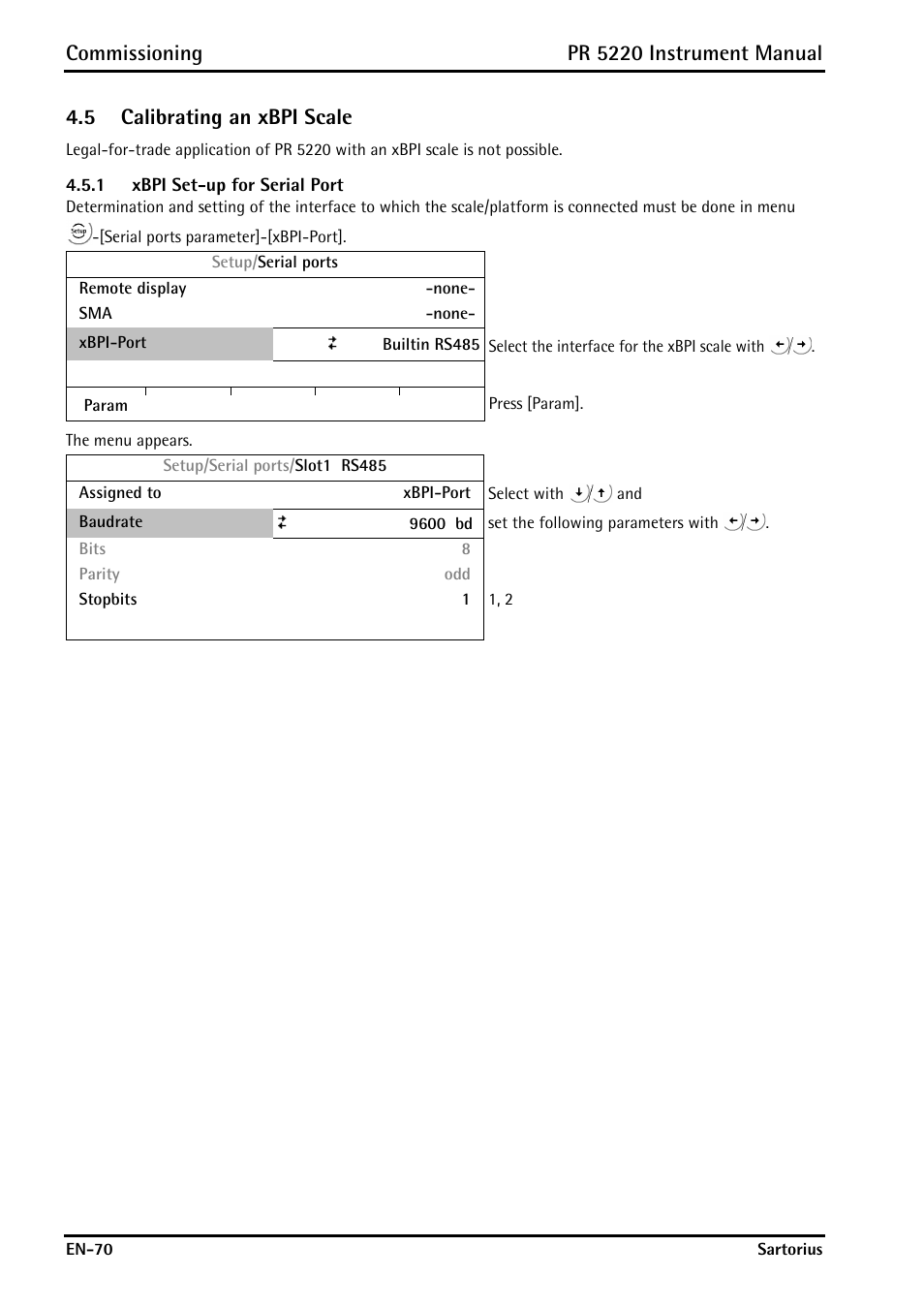 5 calibrating an xbpi scale, 1 xbpi set-up for serial port, Calibrating an xbpi scale | Xbpi set-up for serial port, Commissioning, Pr 5220 instrument manual | Rice Lake PR5220 Ethernet Transmitter User Manual | Page 70 / 172