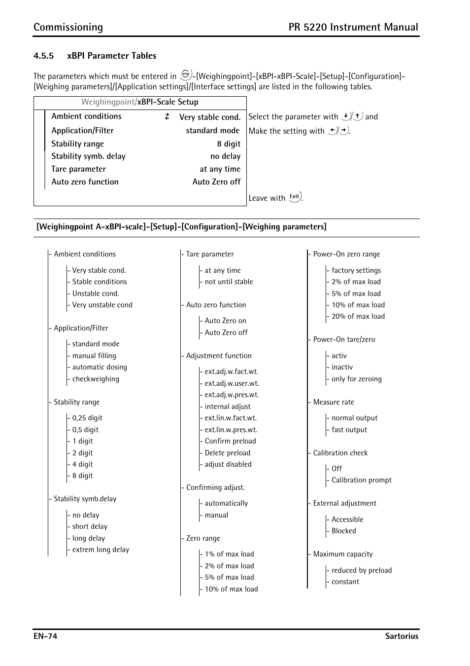 5 xbpi parameter tables, Xbpi parameter tables, Commissioning | Pr 5220 instrument manual | Rice Lake PR5220 Ethernet Transmitter User Manual | Page 74 / 172