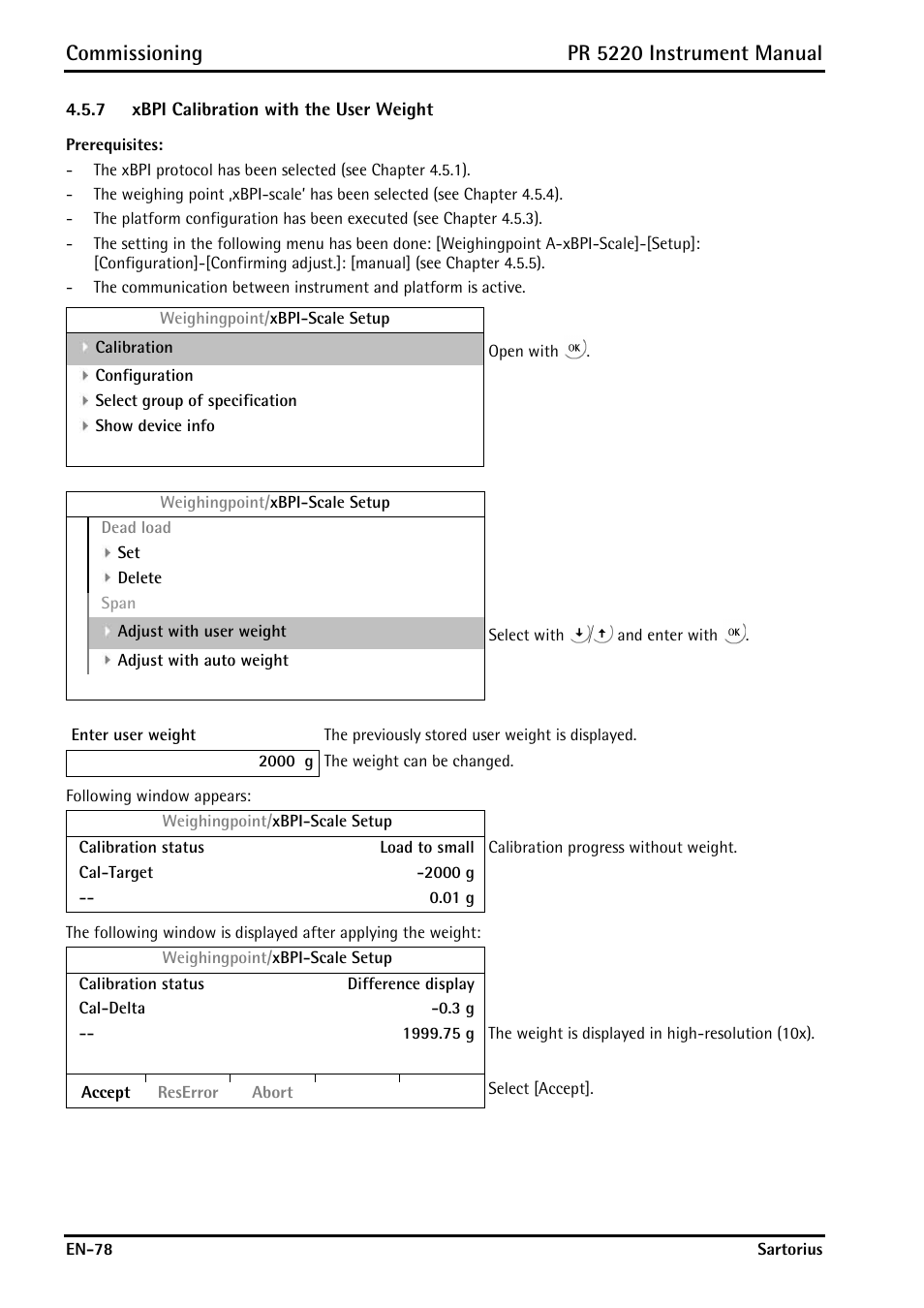 7 xbpi calibration with the user weight, Xbpi calibration with the user weight, Commissioning | Pr 5220 instrument manual | Rice Lake PR5220 Ethernet Transmitter User Manual | Page 78 / 172