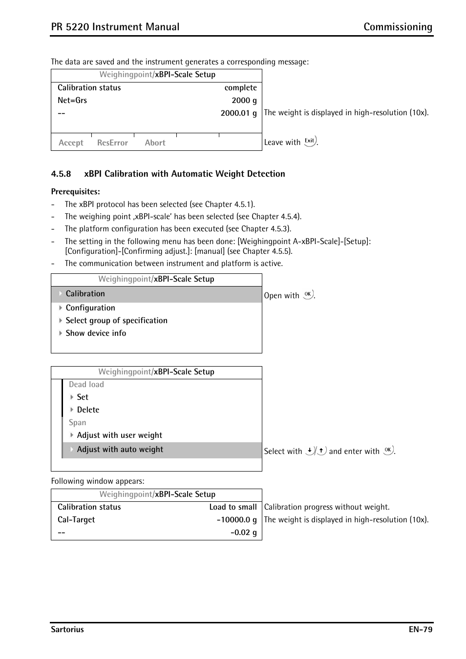 8 xbpi calibration with automatic weight detection, Xbpi calibration with automatic weight detection, Pr 5220 instrument manual commissioning | Rice Lake PR5220 Ethernet Transmitter User Manual | Page 79 / 172