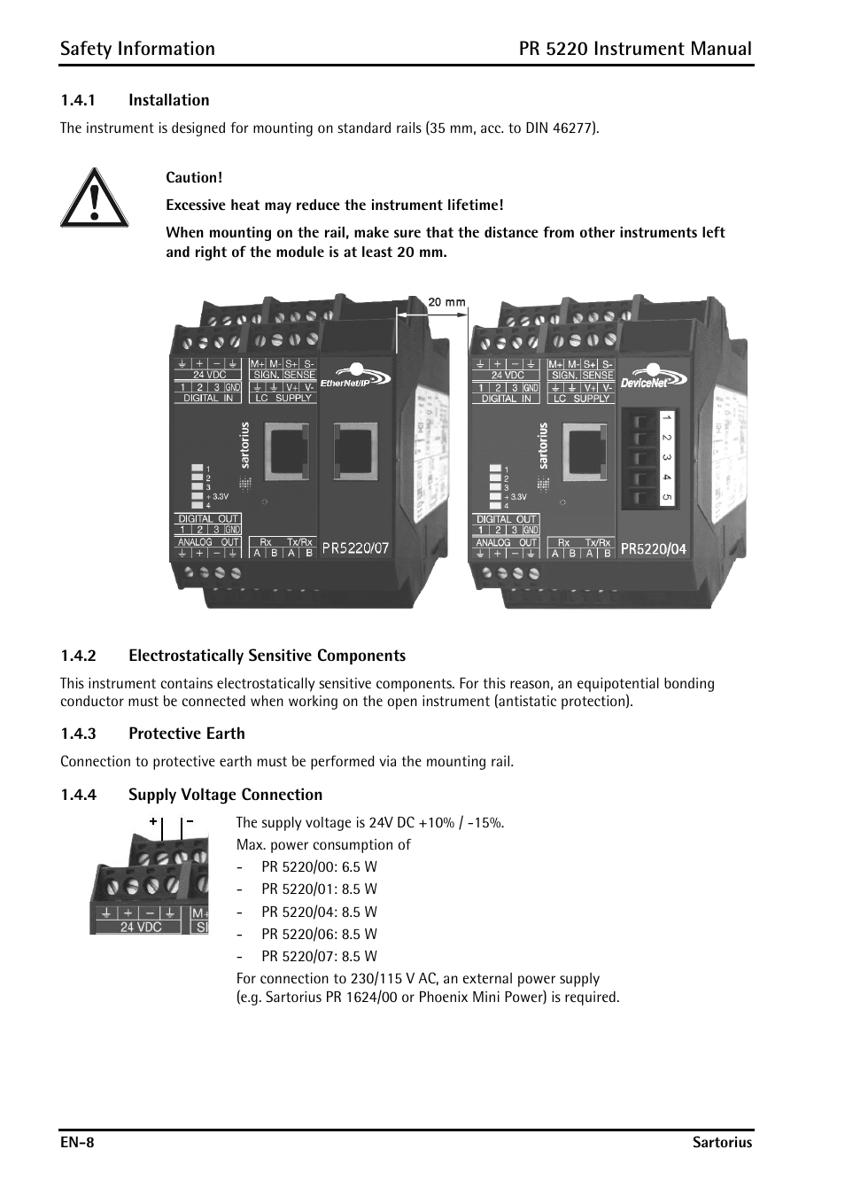 1 installation, 2 electrostatically sensitive components, 3 protective earth | 4 supply voltage connection, Installation, Electrostatically sensitive components, Protective earth, Supply voltage connection, Safety information, Pr 5220 instrument manual | Rice Lake PR5220 Ethernet Transmitter User Manual | Page 8 / 172