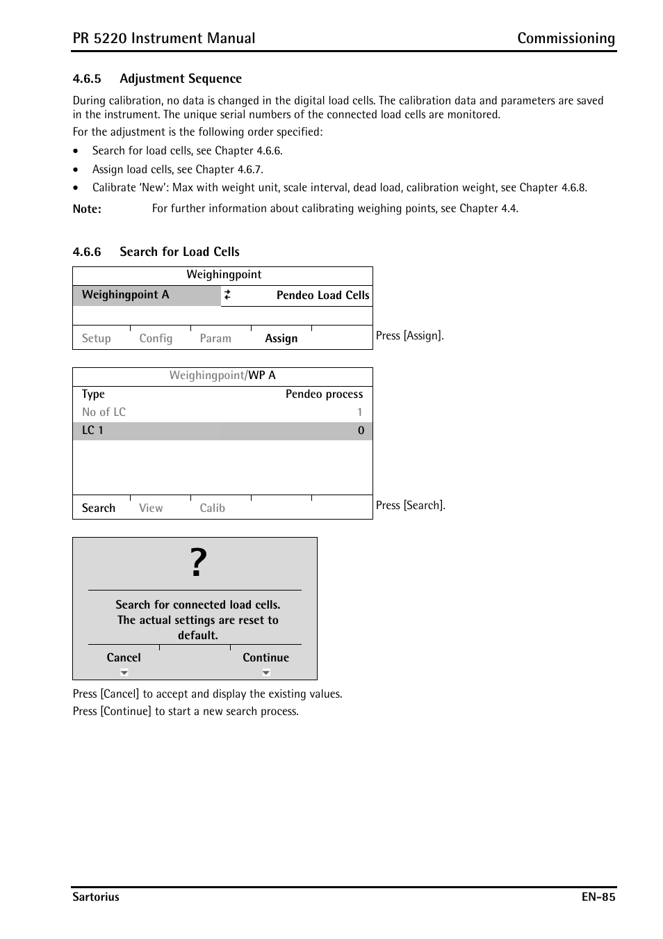 5 adjustment sequence, 6 search for load cells, Adjustment sequence | Search for load cells, Pr 5220 instrument manual commissioning | Rice Lake PR5220 Ethernet Transmitter User Manual | Page 85 / 172