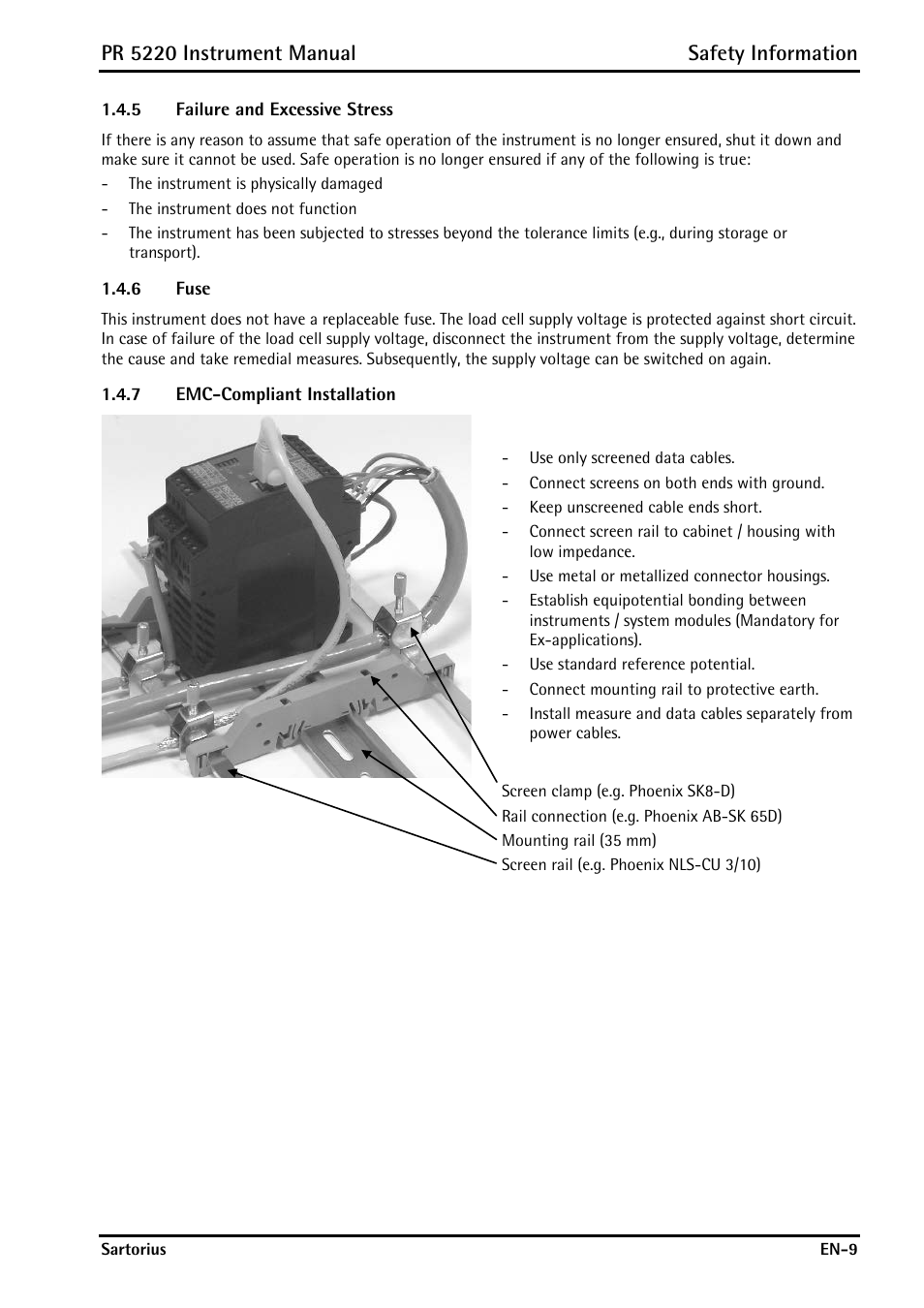 5 failure and excessive stress, 6 fuse, 7 emc-compliant installation | Failure and excessive stress, Fuse, Emc-compliant installation, Pr 5220 instrument manual safety information | Rice Lake PR5220 Ethernet Transmitter User Manual | Page 9 / 172