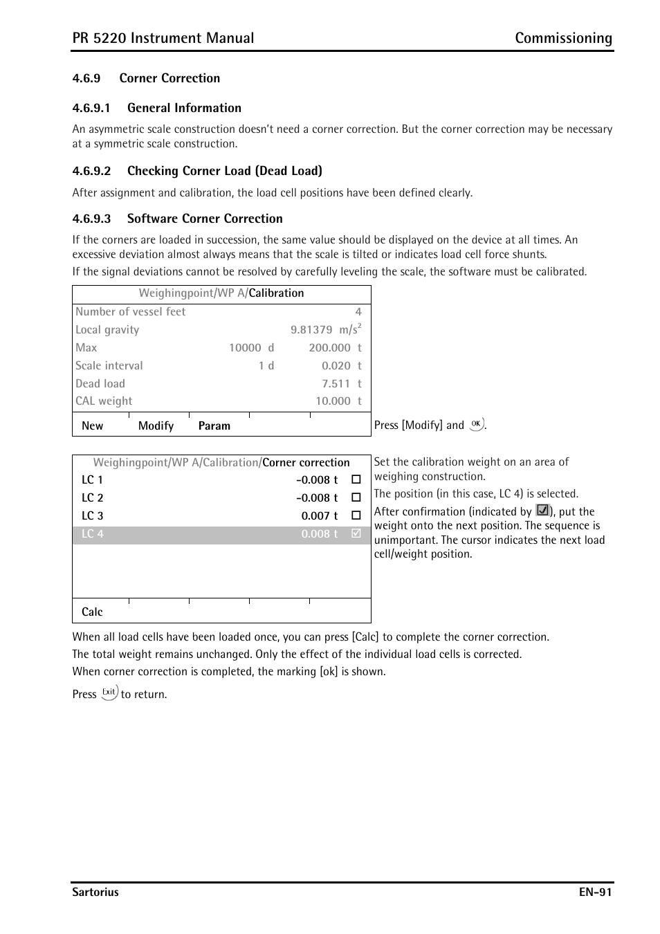 9 corner correction, 1 general information, 2 checking corner load (dead load) | 3 software corner correction, Corner correction, Pr 5220 instrument manual commissioning | Rice Lake PR5220 Ethernet Transmitter User Manual | Page 91 / 172