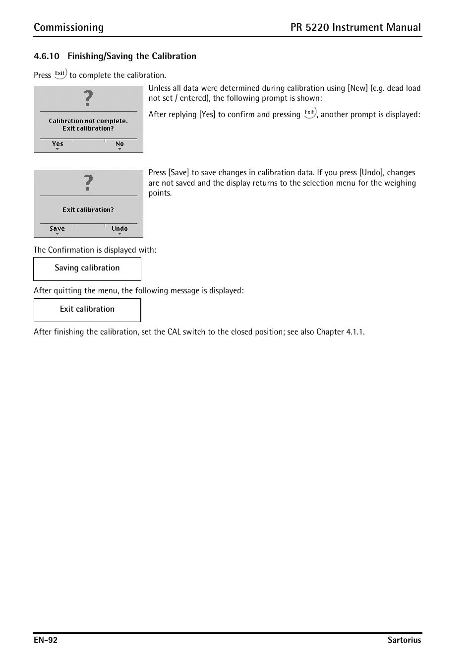 10 finishing/saving the calibration, Finishing/saving the calibration, Commissioning | Pr 5220 instrument manual | Rice Lake PR5220 Ethernet Transmitter User Manual | Page 92 / 172