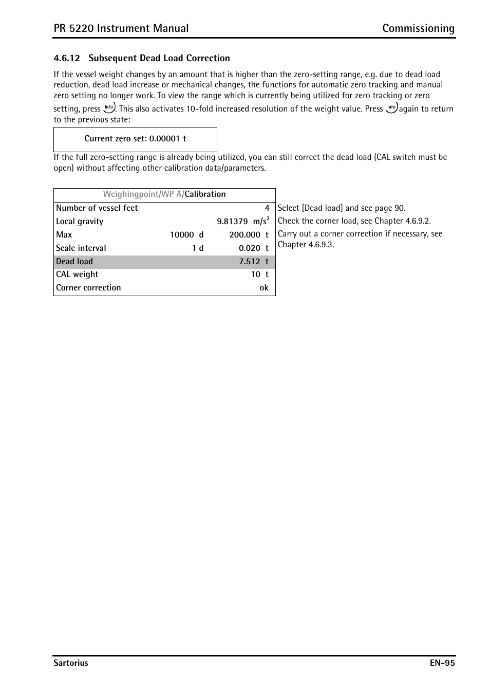 12 subsequent dead load correction, Subsequent dead load correction, Pr 5220 instrument manual commissioning | Rice Lake PR5220 Ethernet Transmitter User Manual | Page 95 / 172