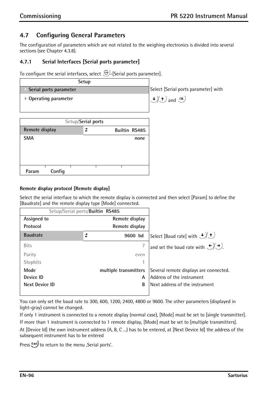 7 configuring general parameters, 1 serial interfaces [serial ports parameter, Configuring general parameters | Serial interfaces [serial ports parameter, Commissioning, Pr 5220 instrument manual | Rice Lake PR5220 Ethernet Transmitter User Manual | Page 96 / 172