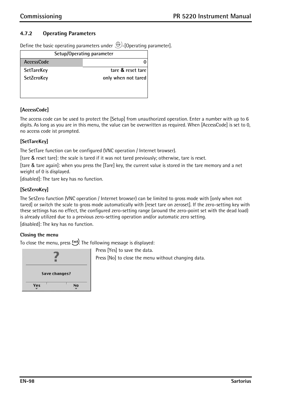 2 operating parameters, Operating parameters, Commissioning | Pr 5220 instrument manual | Rice Lake PR5220 Ethernet Transmitter User Manual | Page 98 / 172