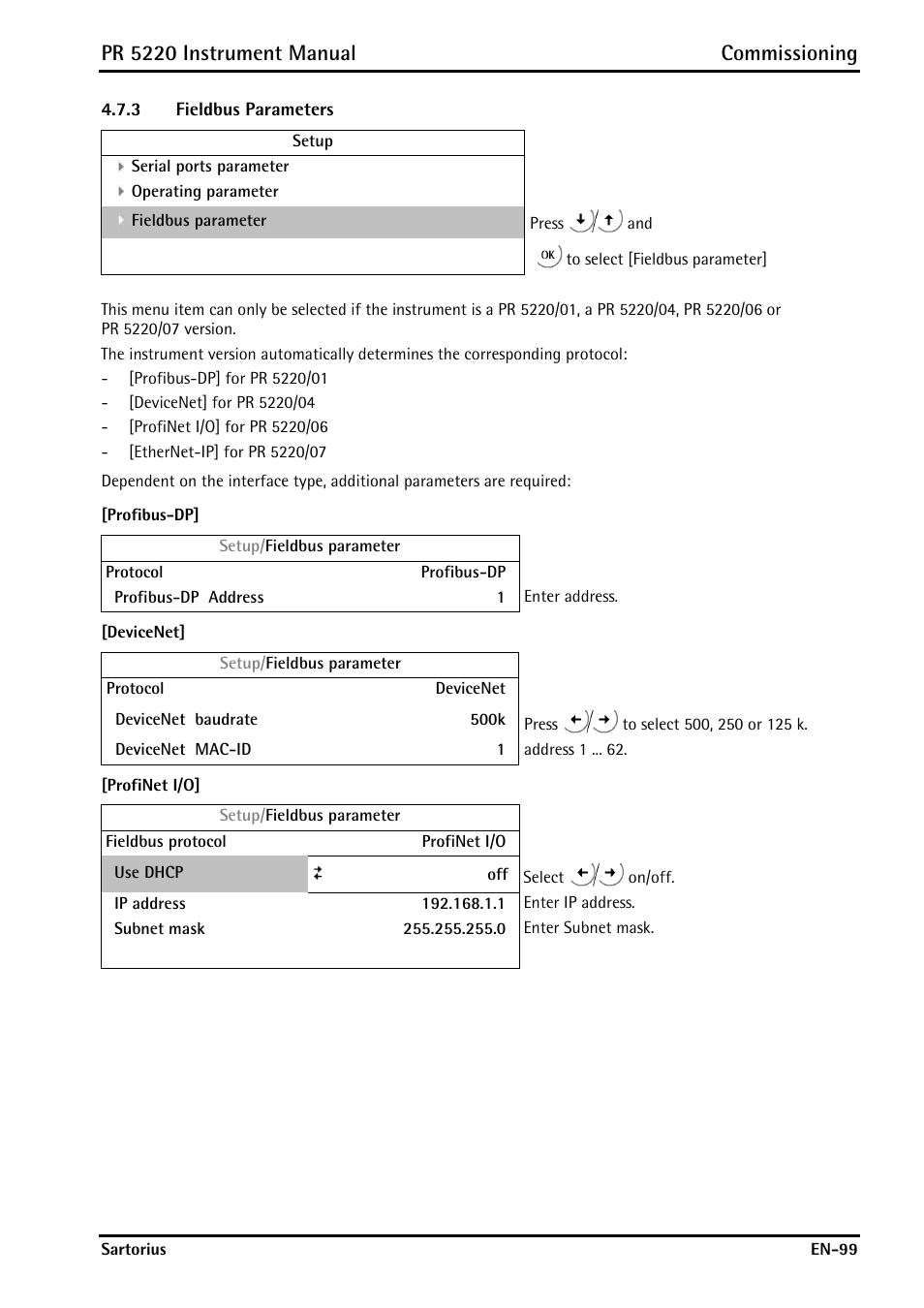 3 fieldbus parameters, Fieldbus parameters, Er 4.7.3 | Pr 5220 instrument manual commissioning | Rice Lake PR5220 Ethernet Transmitter User Manual | Page 99 / 172