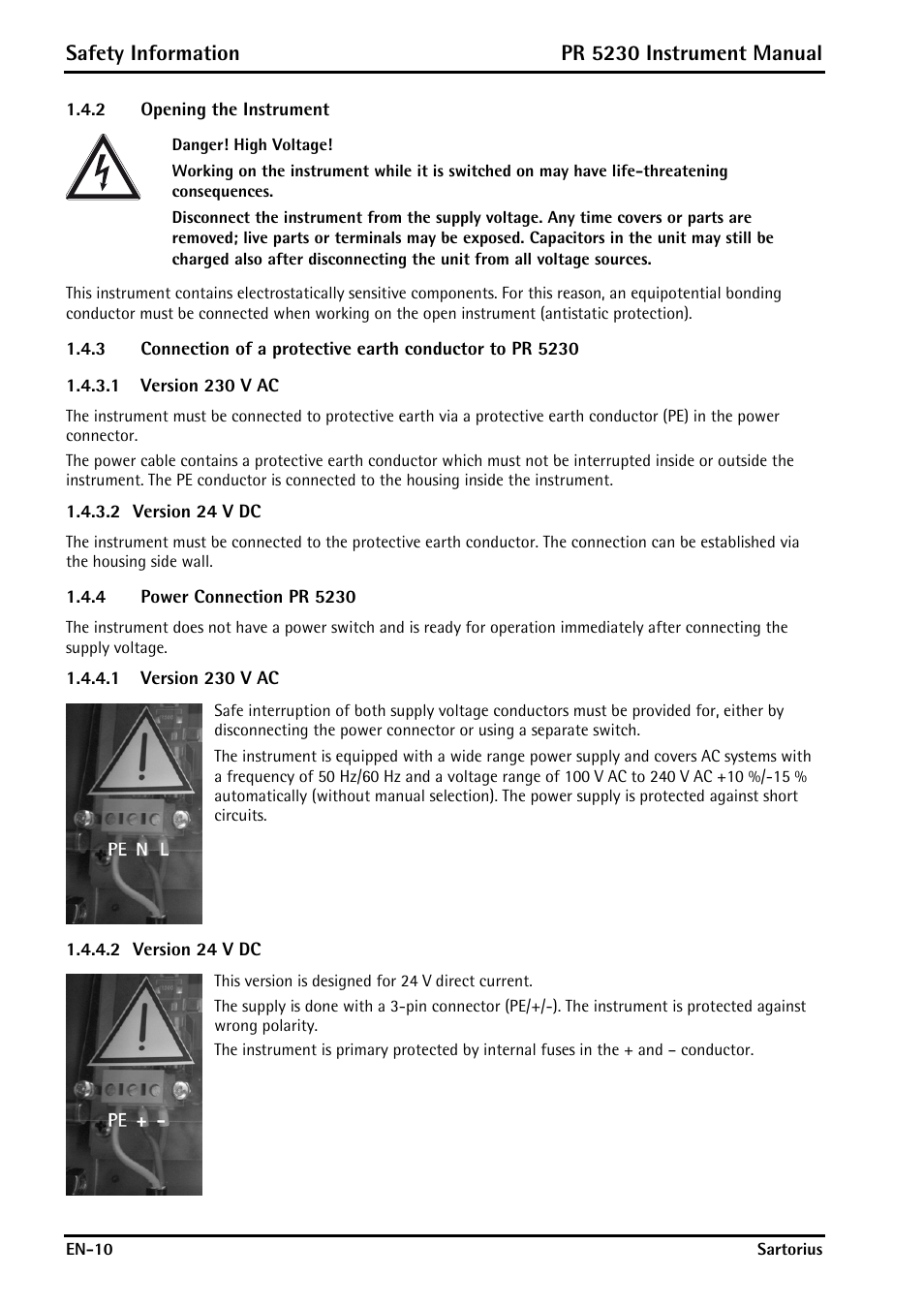 2 opening the instrument, 1 version 230 v ac, 2 version 24 v dc | 4 power connection pr 5230, Opening the instrument, Power connection pr 5230, Safety information, Pr 5230 instrument manual | Rice Lake PR5230 Fieldbus Transmitter User Manual | Page 10 / 252