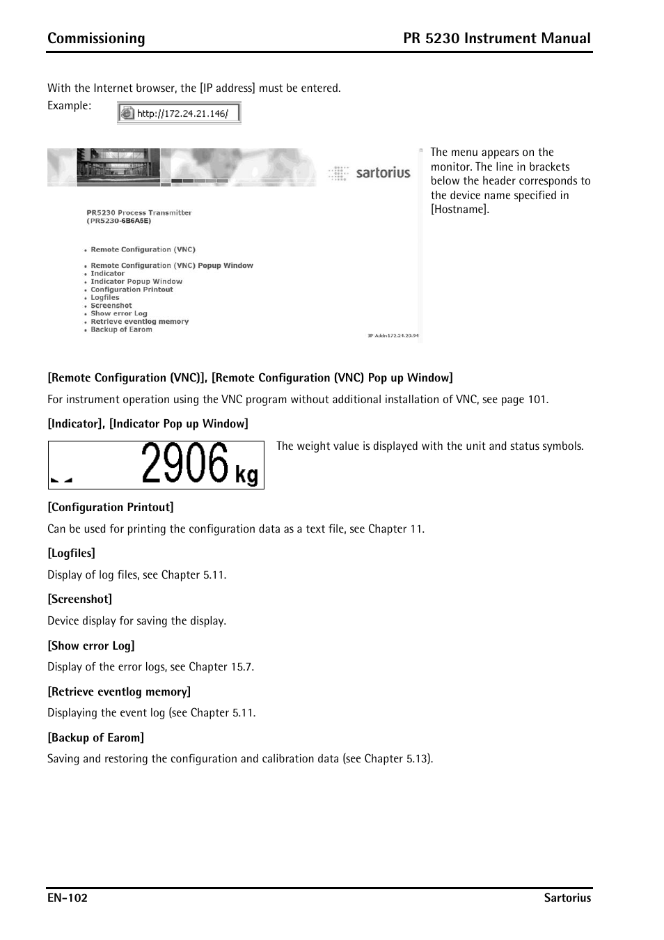 Indicator], [indicator pop up window, Configuration printout, Logfiles | Screenshot, Show error log, Retrieve eventlog memory, Backup of earom, Commissioning, Pr 5230 instrument manual | Rice Lake PR5230 Fieldbus Transmitter User Manual | Page 102 / 252