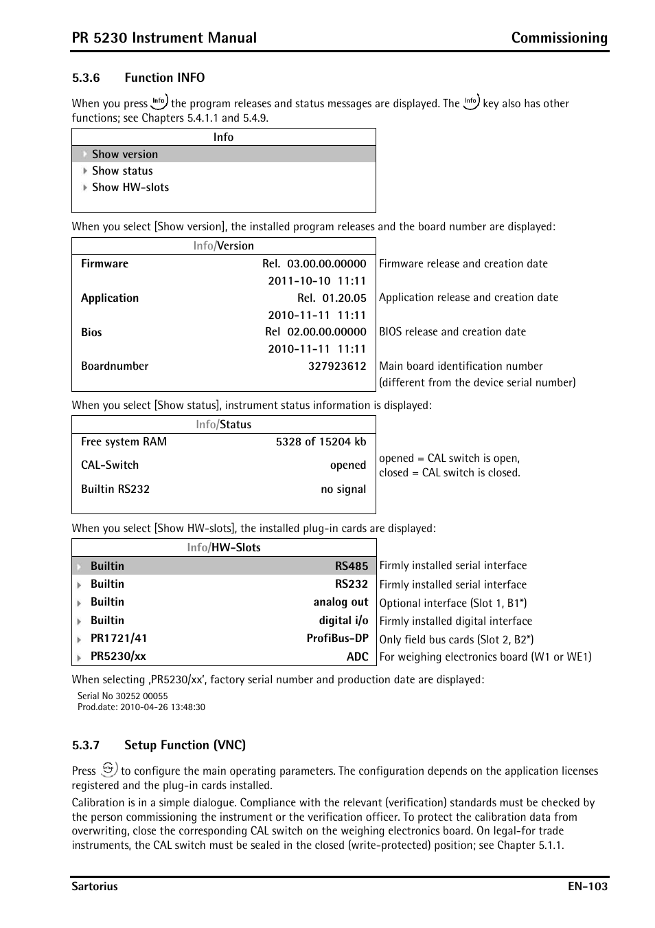 6 function info, 7 setup function (vnc), Function info | Setup function (vnc), Pr 5230 instrument manual commissioning | Rice Lake PR5230 Fieldbus Transmitter User Manual | Page 103 / 252
