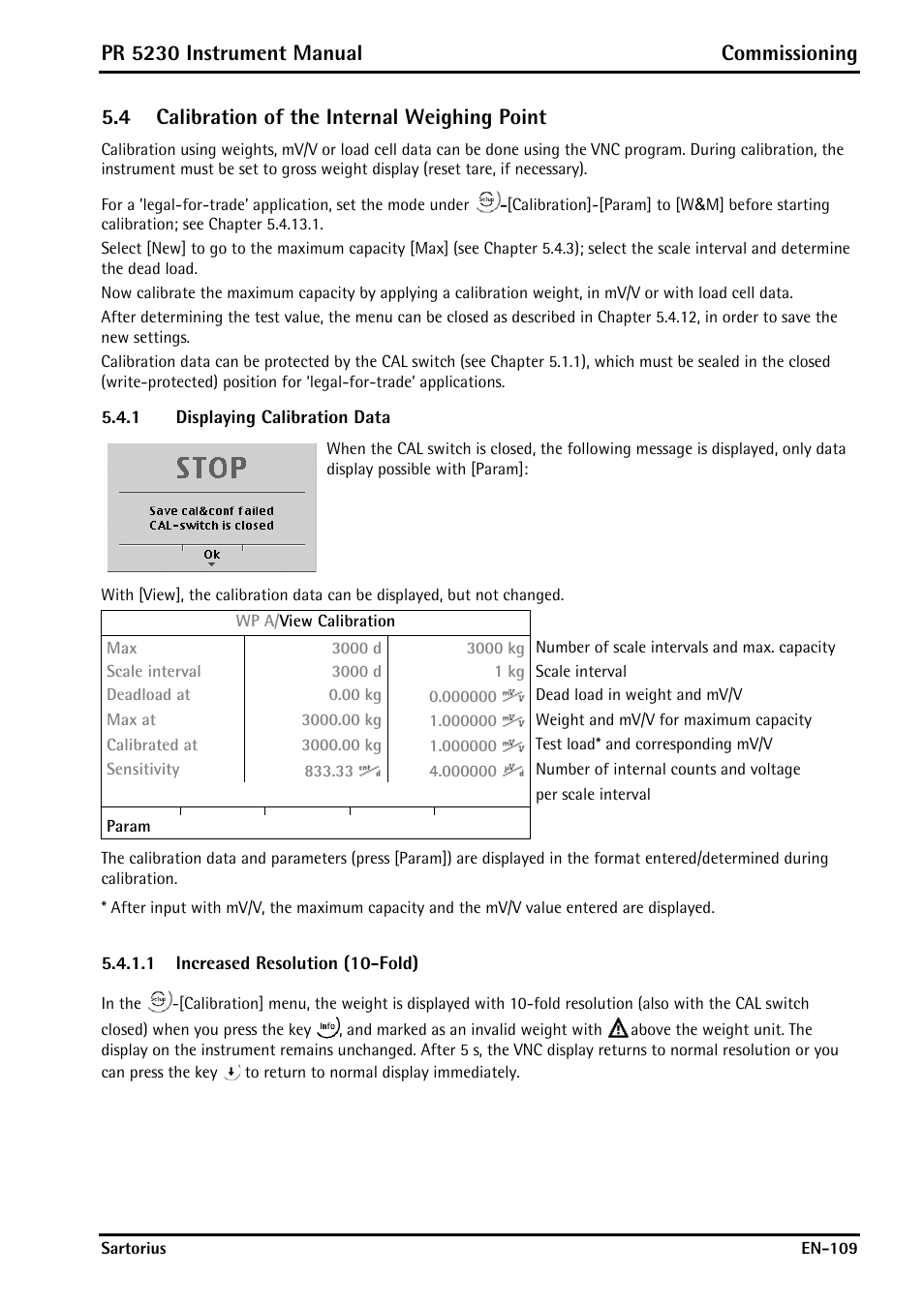4 calibration of the internal weighing point, 1 displaying calibration data, 1 increased resolution (10-fold) | Calibration of the internal weighing point, Displaying calibration data, Pr 5230 instrument manual commissioning | Rice Lake PR5230 Fieldbus Transmitter User Manual | Page 109 / 252