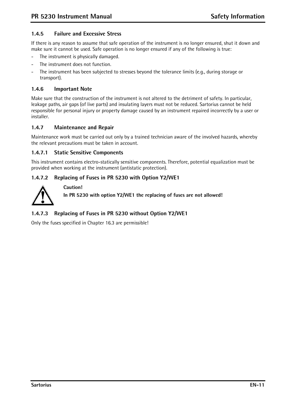 5 failure and excessive stress, 6 important note, 7 maintenance and repair | 1 static sensitive components, 2 replacing of fuses in pr 5230 with option y2/we1, Failure and excessive stress, Important note, Maintenance and repair, Pr 5230 instrument manual safety information | Rice Lake PR5230 Fieldbus Transmitter User Manual | Page 11 / 252