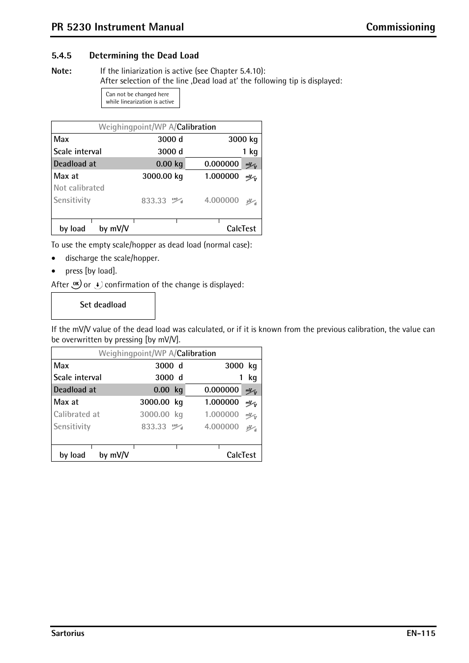 5 determining the dead load, Determining the dead load, Pr 5230 instrument manual commissioning | Rice Lake PR5230 Fieldbus Transmitter User Manual | Page 115 / 252