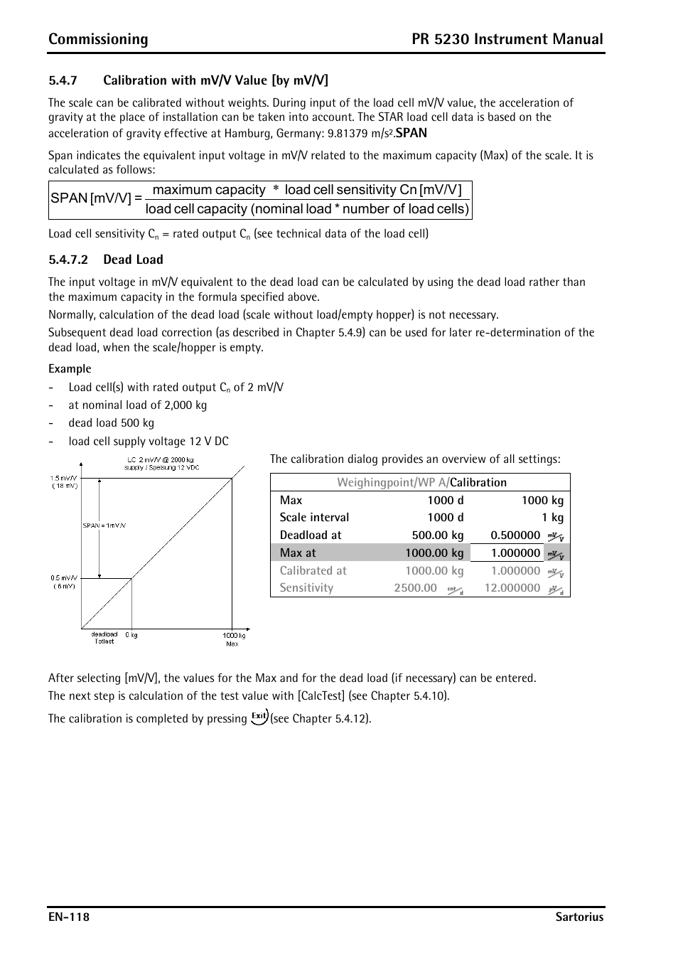 7 calibration with mv/v value [by mv/v, 1 span, 2 dead load | Calibration with mv/v value [by mv/v, Commissioning, Pr 5230 instrument manual | Rice Lake PR5230 Fieldbus Transmitter User Manual | Page 118 / 252