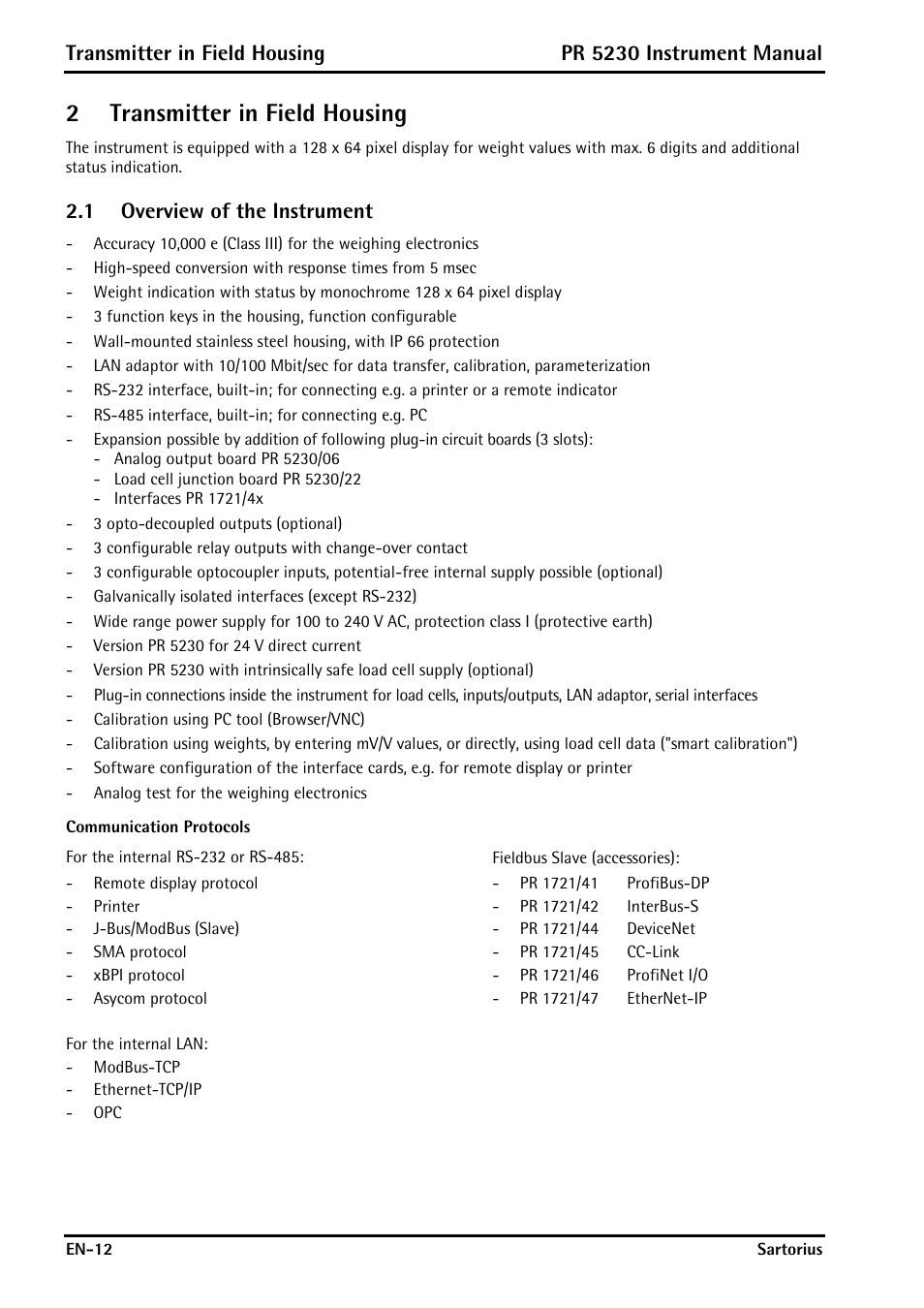 2 transmitter in field housing, 1 overview of the instrument, Communication protocols | Transmitter in field housing, Overview of the instrument, 2transmitter in field housing, Pr 5230 instrument manual | Rice Lake PR5230 Fieldbus Transmitter User Manual | Page 12 / 252