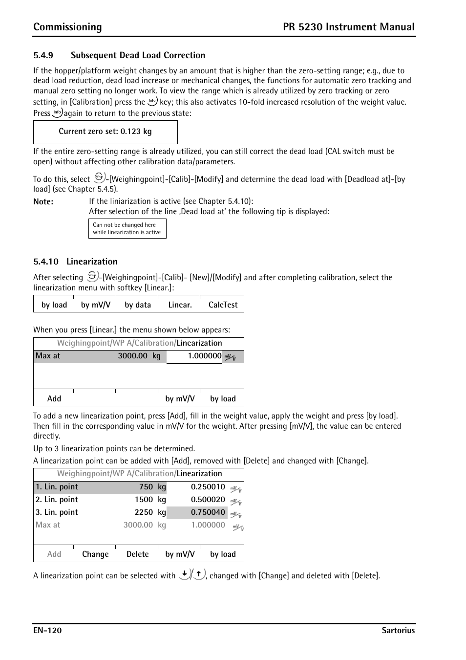 9 subsequent dead load correction, 10 linearization, Subsequent dead load correction | Linearization, Commissioning, Pr 5230 instrument manual | Rice Lake PR5230 Fieldbus Transmitter User Manual | Page 120 / 252