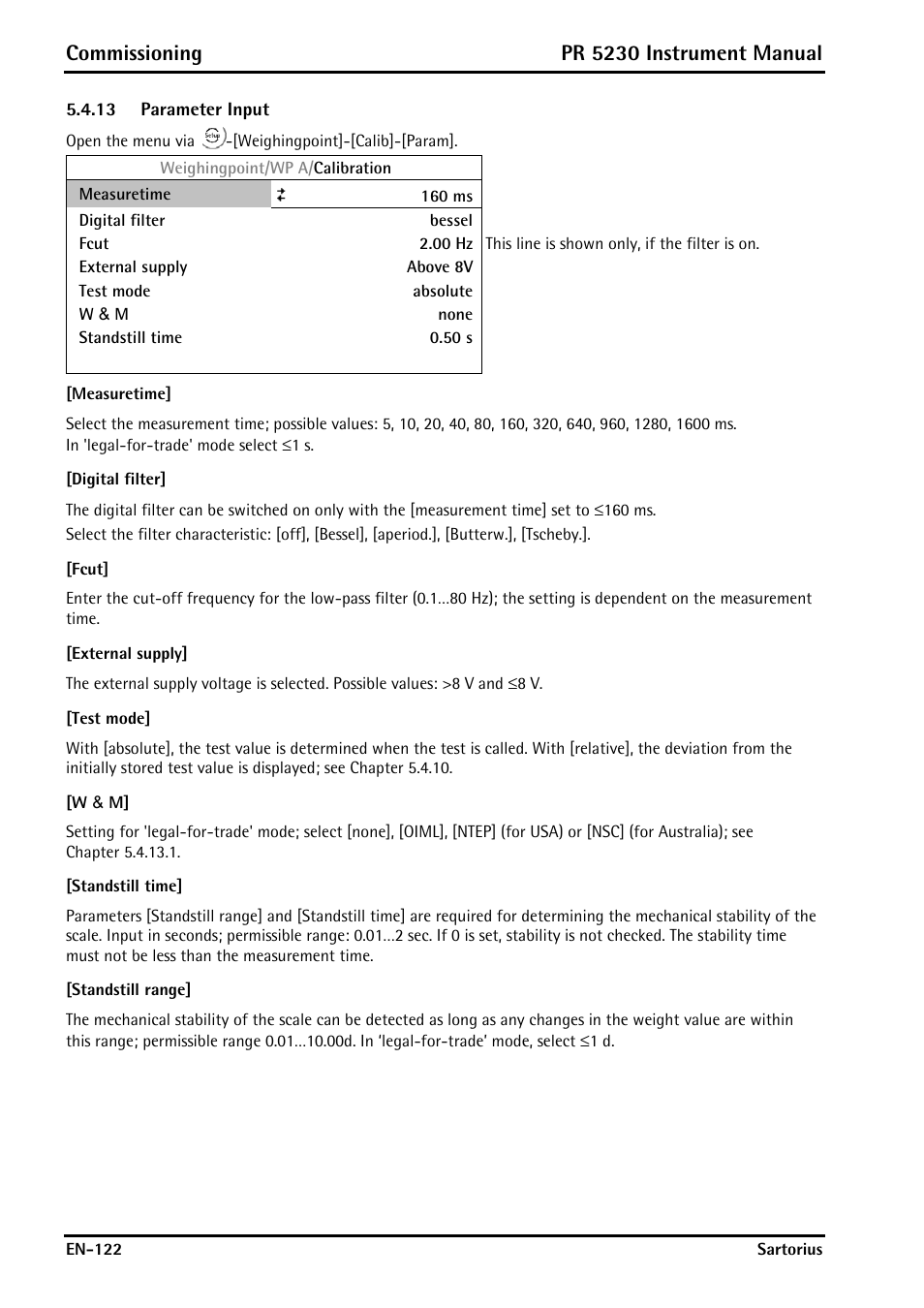 13 parameter input, Measuretime, Digital filter | Fcut, External supply, Test mode, W & m, Standstill time, Standstill range, Parameter input | Rice Lake PR5230 Fieldbus Transmitter User Manual | Page 122 / 252