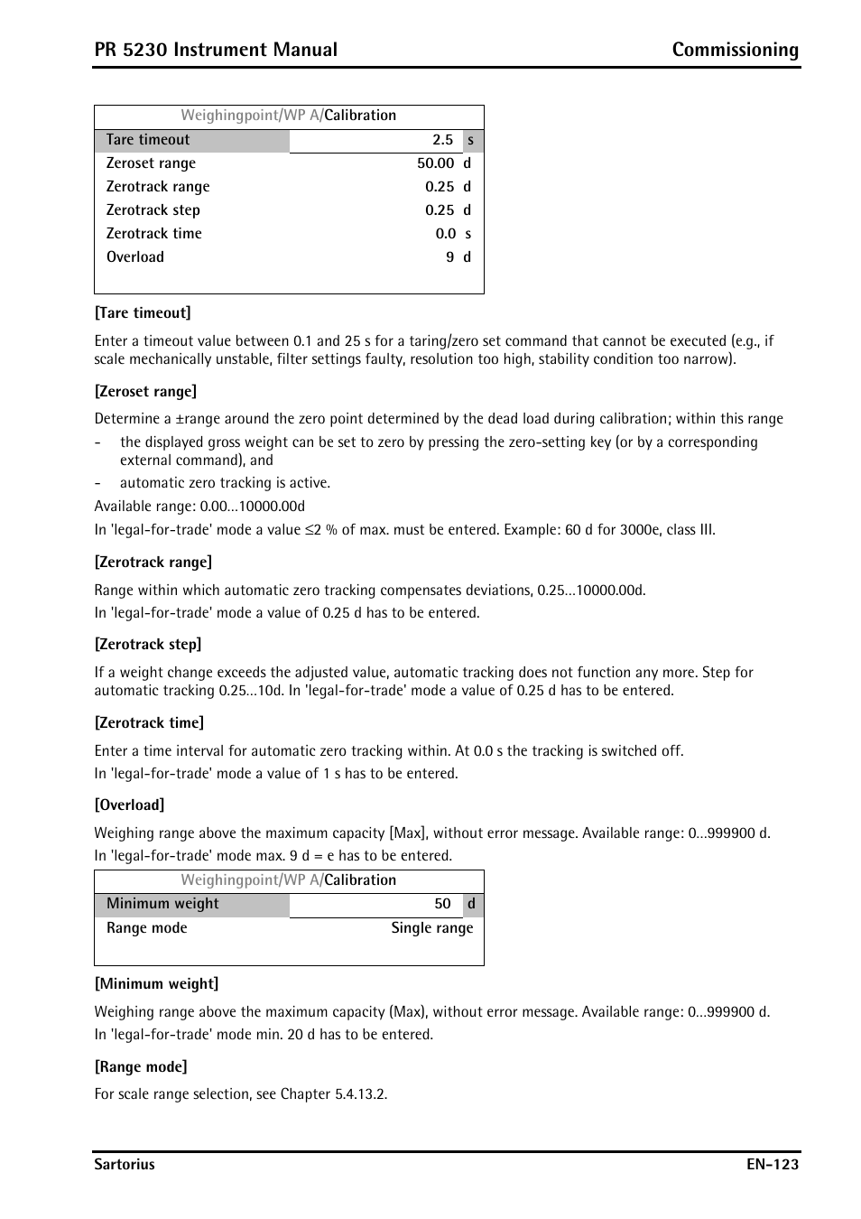Tare timeout, Zeroset range, Zerotrack range | Zerotrack step, Zerotrack time, Overload, Minimum weight, Range mode, Er 5.4.13.1, Pr 5230 instrument manual commissioning | Rice Lake PR5230 Fieldbus Transmitter User Manual | Page 123 / 252