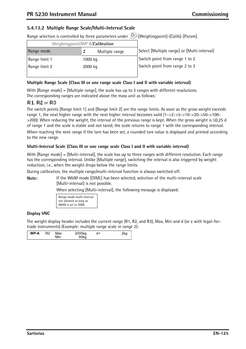 2 multiple range scale/multi-interval scale, Display vnc, Pr 5230 instrument manual commissioning | Rice Lake PR5230 Fieldbus Transmitter User Manual | Page 125 / 252