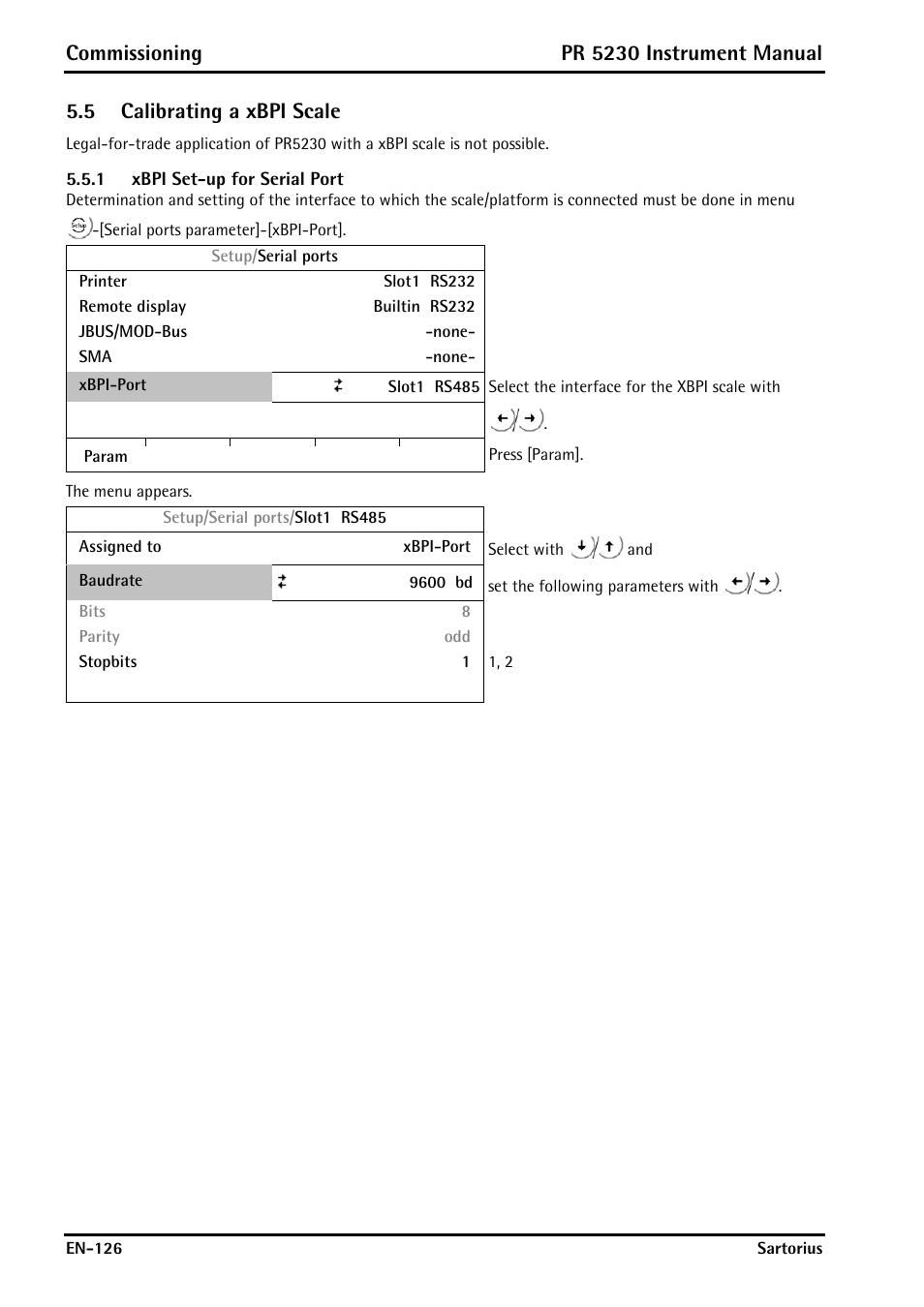 5 calibrating a xbpi scale, 1 xbpi set-up for serial port, Calibrating a xbpi scale | Xbpi set-up for serial port, Commissioning, Pr 5230 instrument manual | Rice Lake PR5230 Fieldbus Transmitter User Manual | Page 126 / 252