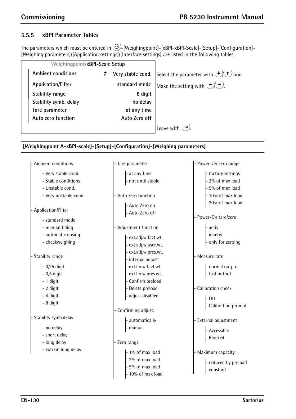 5 xbpi parameter tables, Xbpi parameter tables, Commissioning | Pr 5230 instrument manual | Rice Lake PR5230 Fieldbus Transmitter User Manual | Page 130 / 252