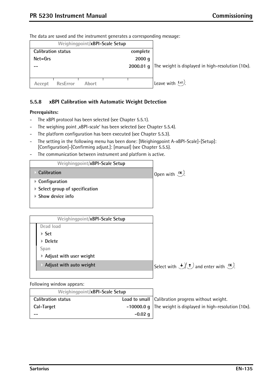 8 xbpi calibration with automatic weight detection, Xbpi calibration with automatic weight detection, Pr 5230 instrument manual commissioning | Rice Lake PR5230 Fieldbus Transmitter User Manual | Page 135 / 252