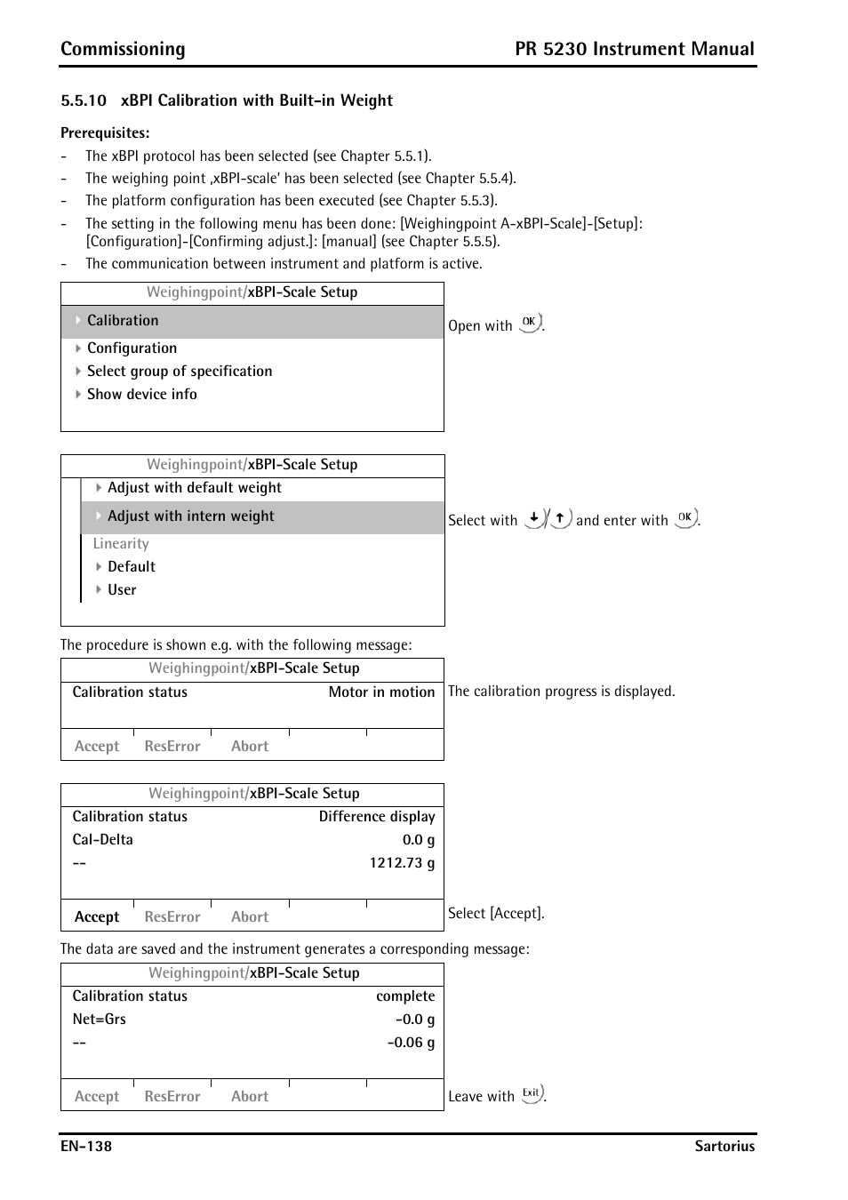 10 xbpi calibration with built-in weight, Xbpi calibration with built-in weight, Commissioning | Pr 5230 instrument manual | Rice Lake PR5230 Fieldbus Transmitter User Manual | Page 138 / 252