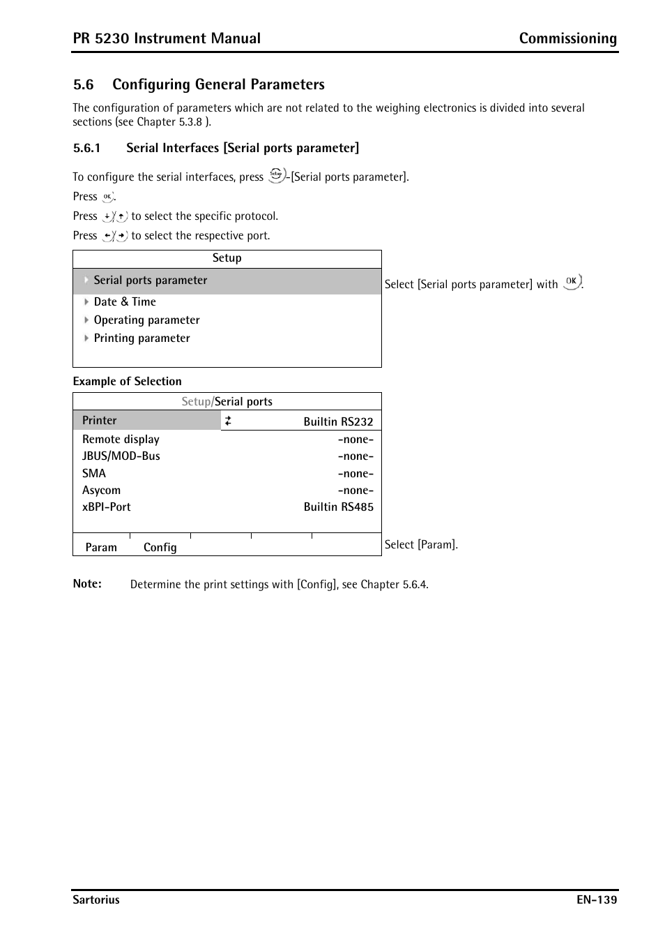 6 configuring general parameters, 1 serial interfaces [serial ports parameter, Configuring general parameters | Serial interfaces [serial ports parameter, Pr 5230 instrument manual commissioning | Rice Lake PR5230 Fieldbus Transmitter User Manual | Page 139 / 252