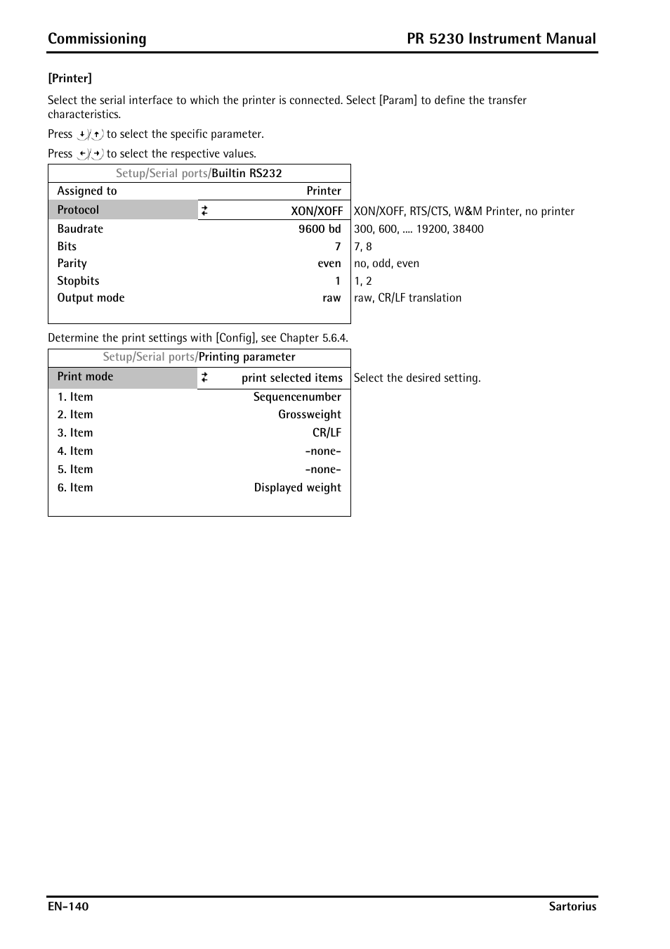 Printer, Commissioning, Pr 5230 instrument manual | Rice Lake PR5230 Fieldbus Transmitter User Manual | Page 140 / 252