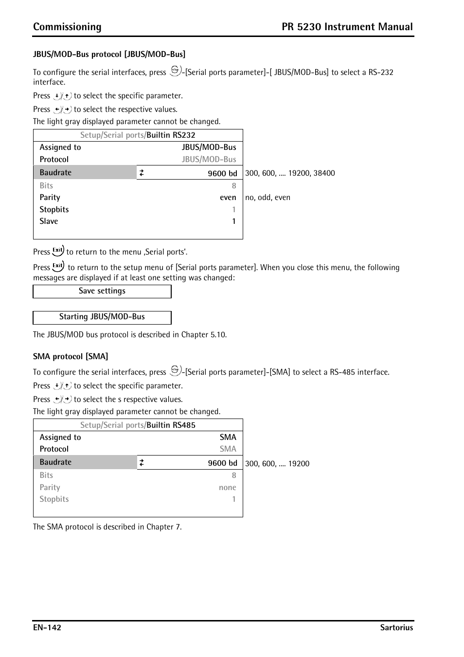 Jbus/mod-bus protocol [jbus/mod-bus, Sma protocol [sma, Commissioning | Pr 5230 instrument manual | Rice Lake PR5230 Fieldbus Transmitter User Manual | Page 142 / 252