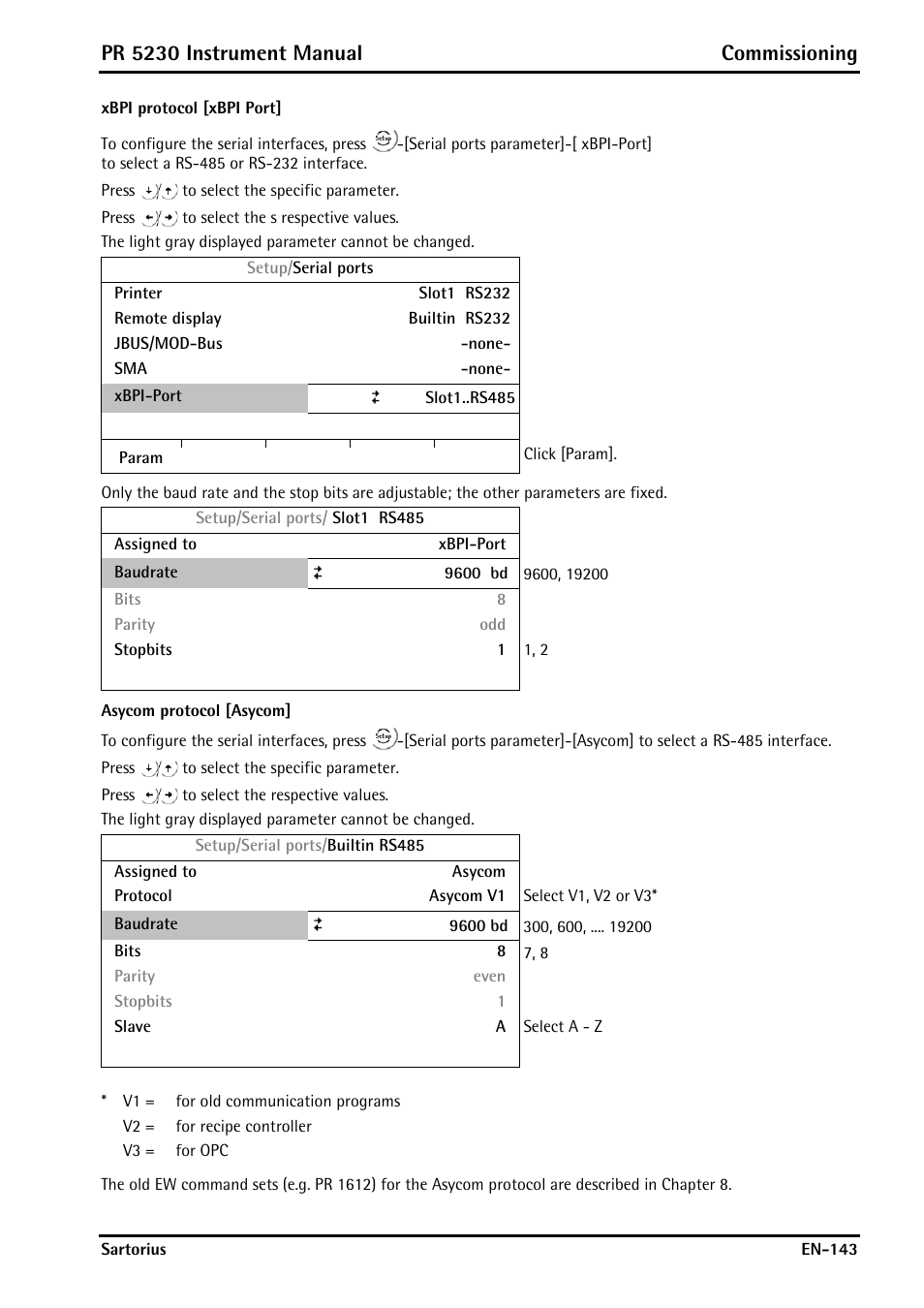 Xbpi protocol [xbpi port, Asycom protocol [asycom, Pr 5230 instrument manual commissioning | Rice Lake PR5230 Fieldbus Transmitter User Manual | Page 143 / 252