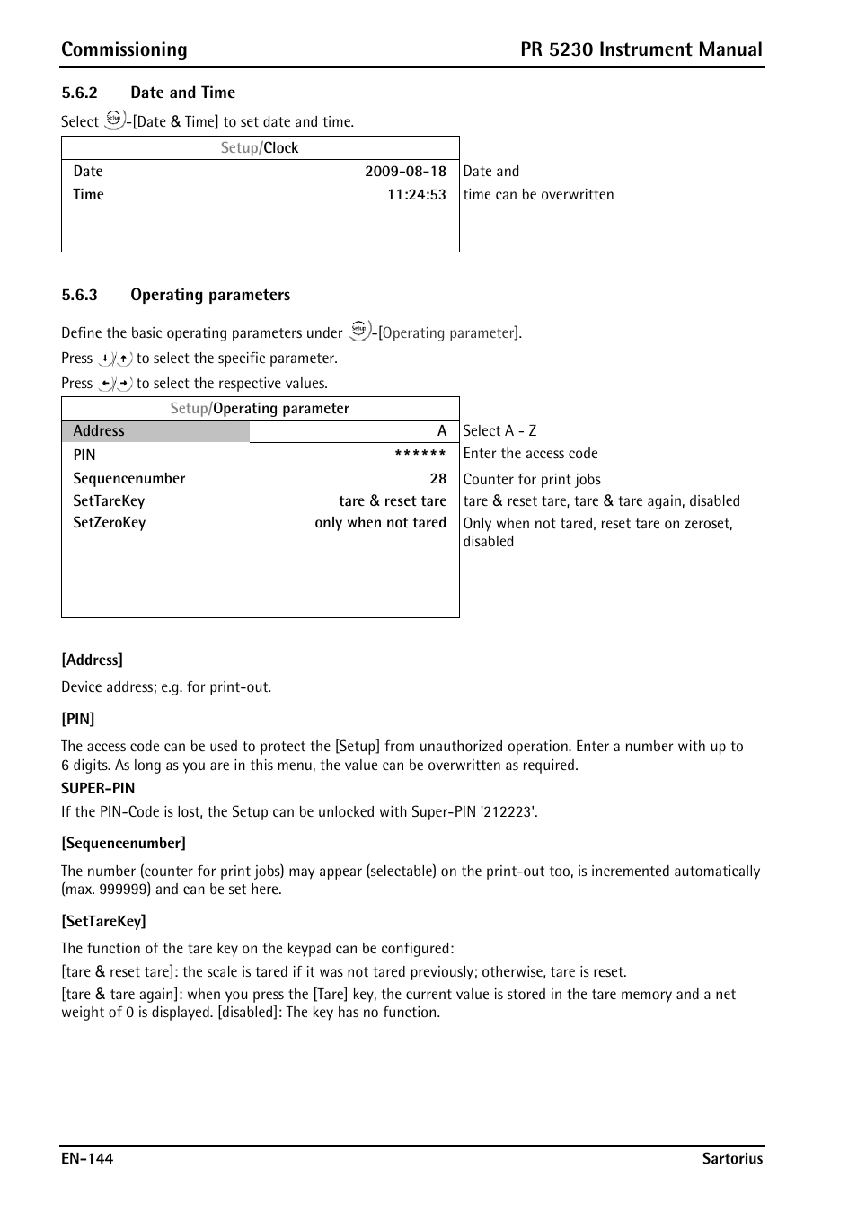 2 date and time, 3 operating parameters, Address | Sequencenumber, Settarekey, Date and time, Operating parameters, Commissioning, Pr 5230 instrument manual | Rice Lake PR5230 Fieldbus Transmitter User Manual | Page 144 / 252