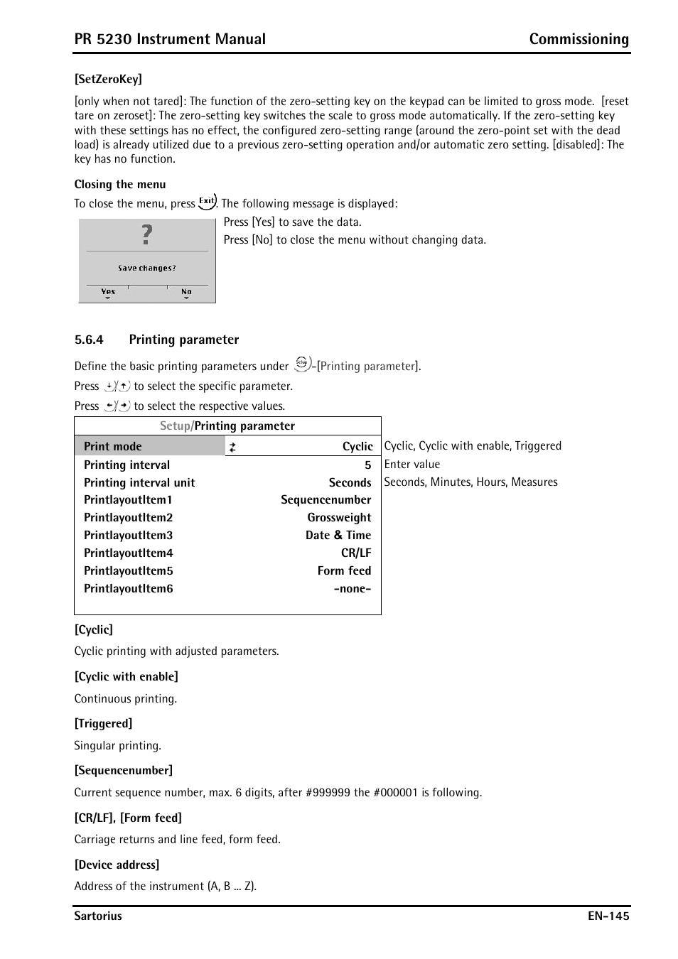 Setzerokey, Closing the menu, 4 printing parameter | Cyclic, Cyclic with enable, Triggered, Sequencenumber, Cr/lf], [form feed, Device address, Printing parameter | Rice Lake PR5230 Fieldbus Transmitter User Manual | Page 145 / 252