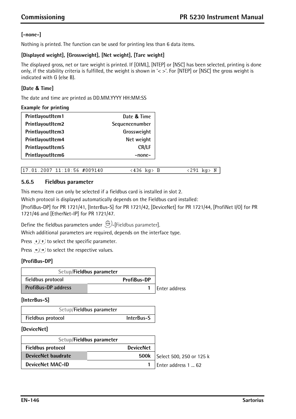 None, Date & time, 5 fieldbus parameter | Profibus-dp, Interbus-s, Devicenet, Fieldbus parameter, Commissioning, Pr 5230 instrument manual | Rice Lake PR5230 Fieldbus Transmitter User Manual | Page 146 / 252
