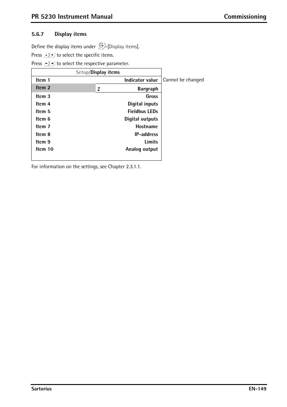 7 display items, Display items, Pr 5230 instrument manual commissioning | Rice Lake PR5230 Fieldbus Transmitter User Manual | Page 149 / 252