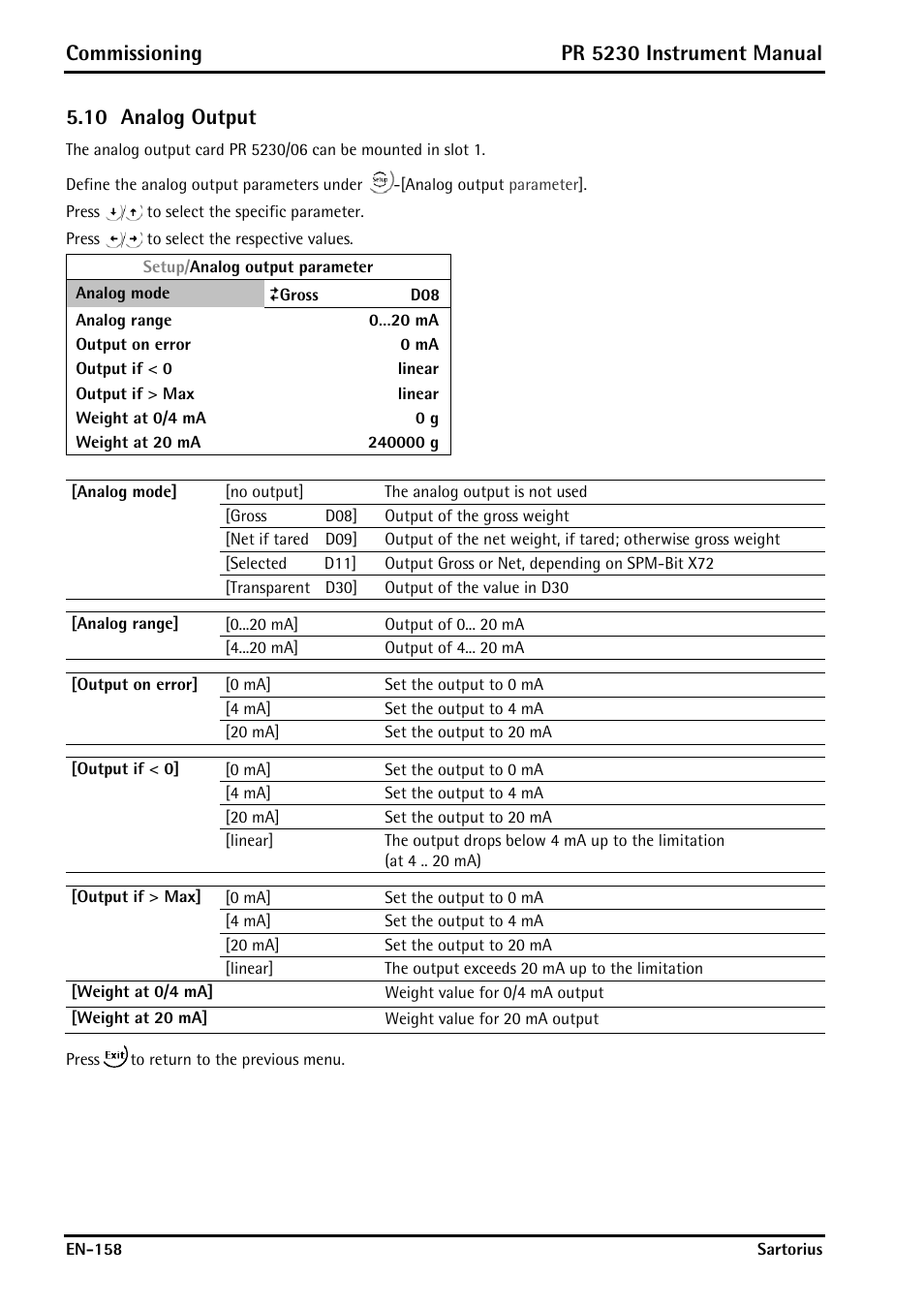Analog output, Er 5.10, Commissioning | Pr 5230 instrument manual, 10 analog output | Rice Lake PR5230 Fieldbus Transmitter User Manual | Page 158 / 252