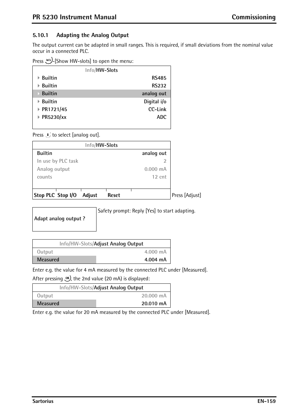 Adapting the analog output, Pr 5230 instrument manual commissioning | Rice Lake PR5230 Fieldbus Transmitter User Manual | Page 159 / 252