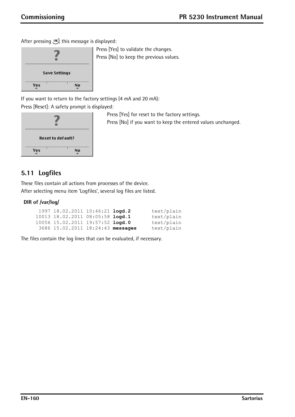 Logfiles, Commissioning, Pr 5230 instrument manual | 11 logfiles | Rice Lake PR5230 Fieldbus Transmitter User Manual | Page 160 / 252