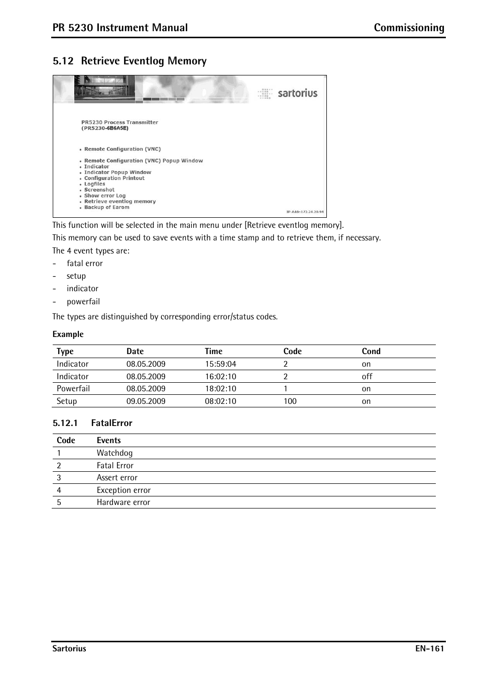 Retrieve eventlog memory, Fatalerror, Pr 5230 instrument manual commissioning | Rice Lake PR5230 Fieldbus Transmitter User Manual | Page 161 / 252