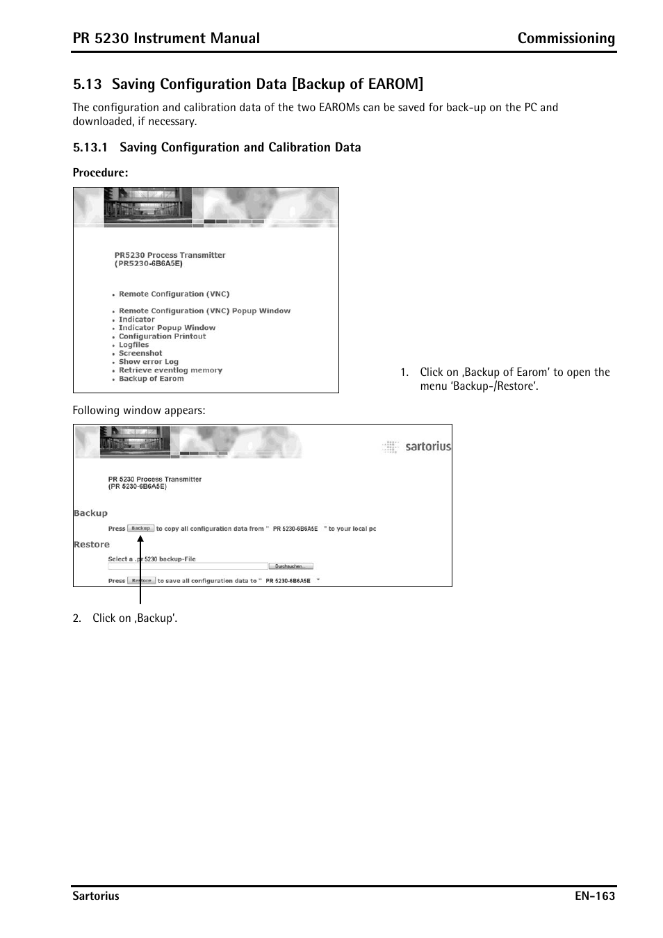 Saving configuration data [backup of earom, Saving configuration and calibration data, Pr 5230 instrument manual commissioning | 13 saving configuration data [backup of earom | Rice Lake PR5230 Fieldbus Transmitter User Manual | Page 163 / 252