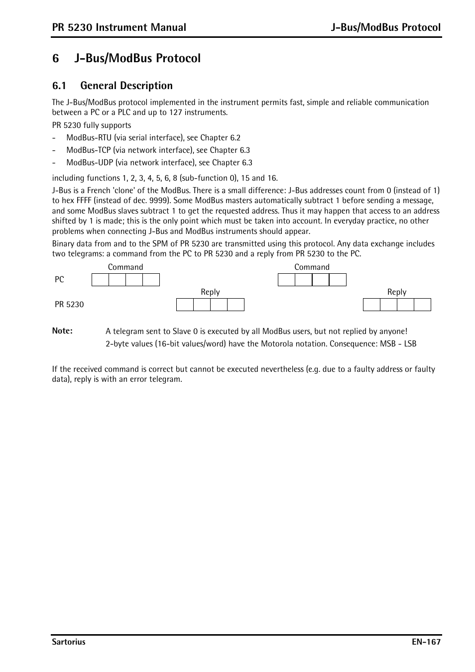 6 j-bus/modbus protocol, 1 general description, J-bus/modbus protocol | General description, 6j-bus/modbus protocol, Pr 5230 instrument manual j-bus/modbus protocol | Rice Lake PR5230 Fieldbus Transmitter User Manual | Page 167 / 252