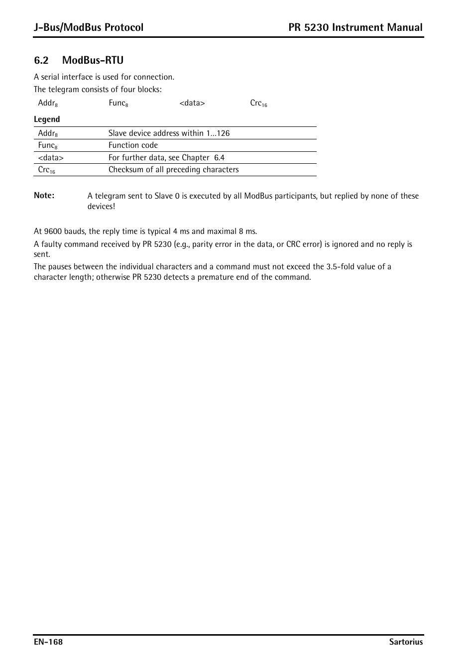 2 modbus-rtu, Modbus-rtu, J-bus/modbus protocol | Pr 5230 instrument manual | Rice Lake PR5230 Fieldbus Transmitter User Manual | Page 168 / 252