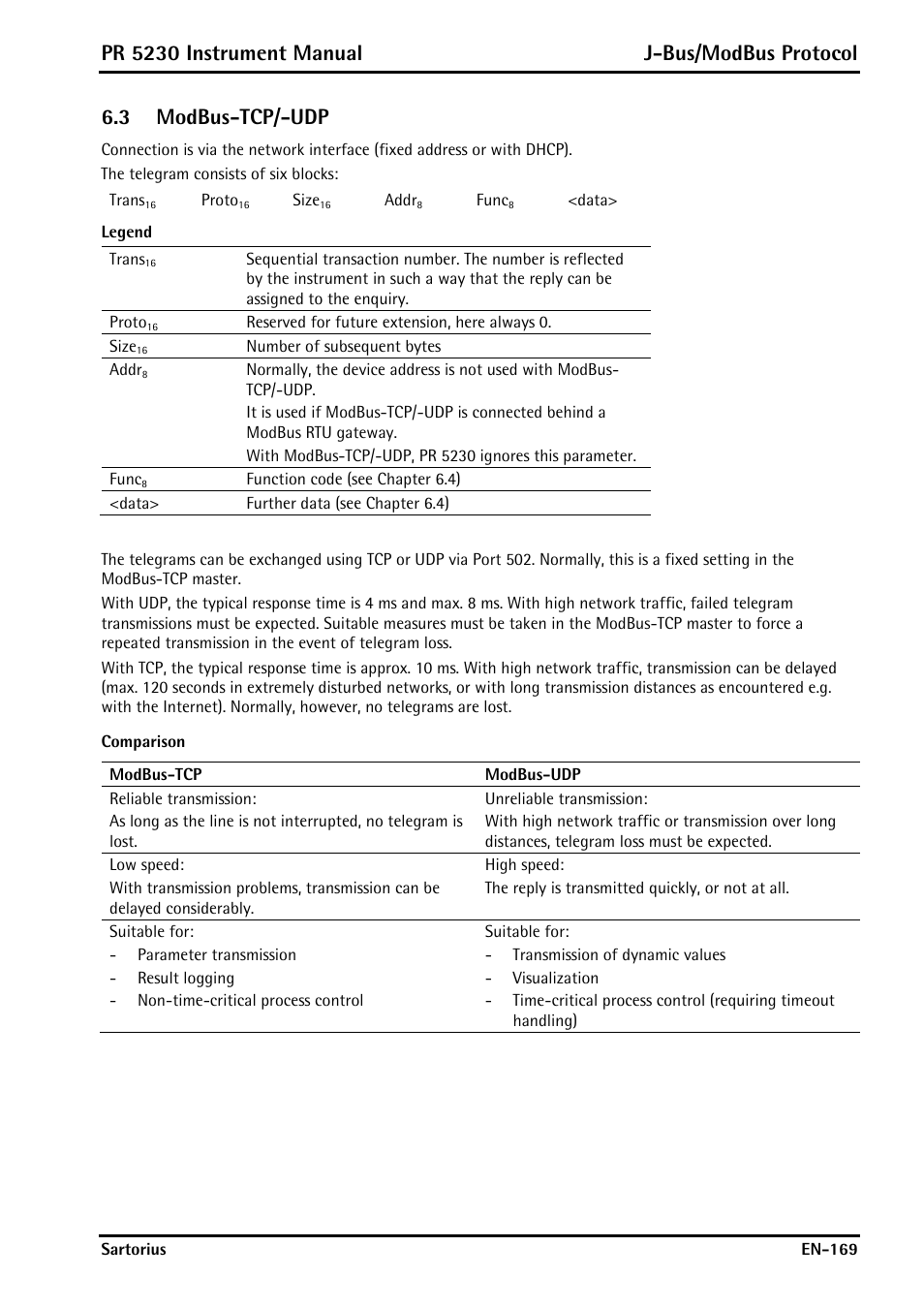 3 modbus-tcp/-udp, Comparison, Modbus-tcp/-udp | Pr 5230 instrument manual j-bus/modbus protocol | Rice Lake PR5230 Fieldbus Transmitter User Manual | Page 169 / 252
