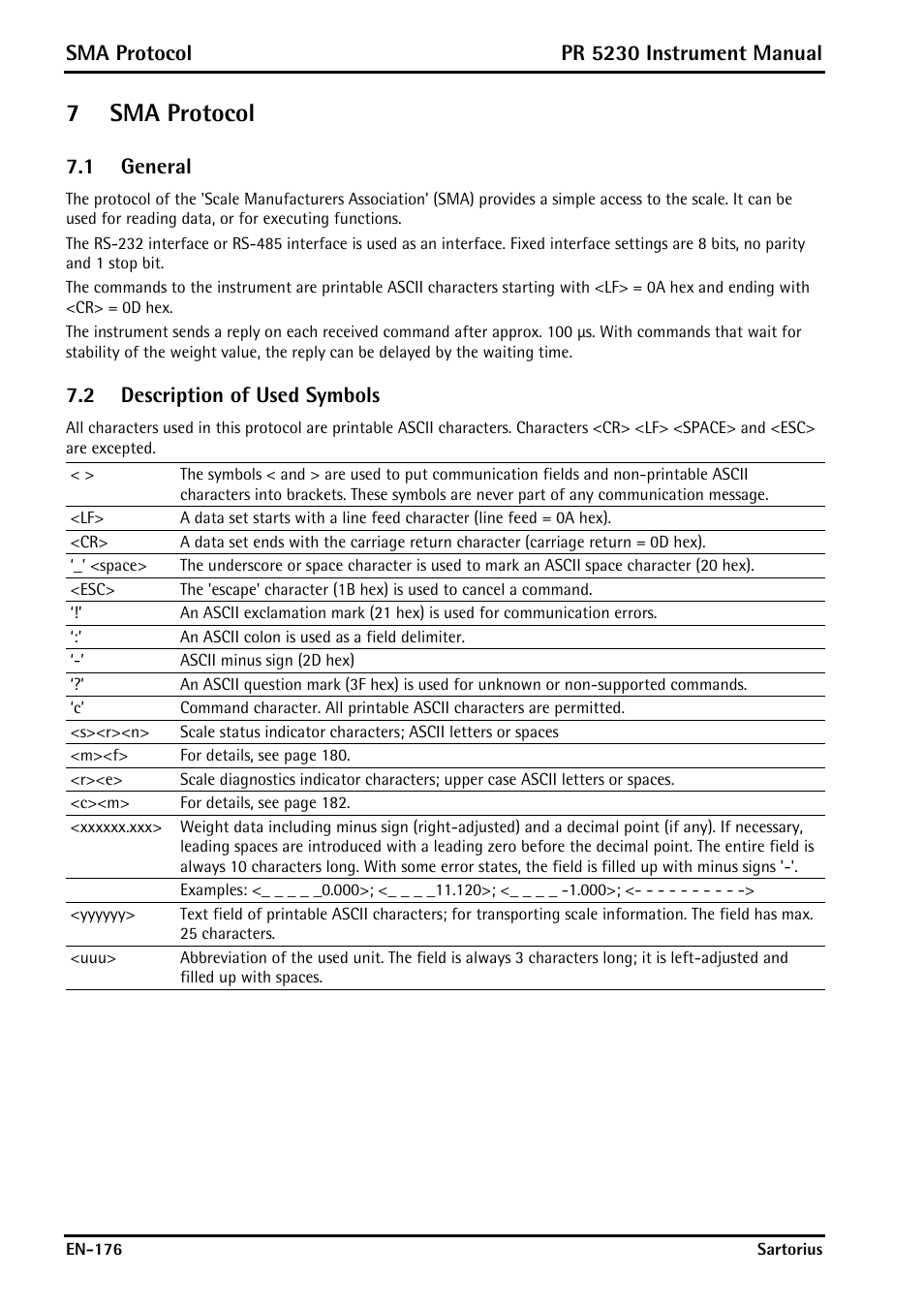 7 sma protocol, 1 general, 2 description of used symbols | Sma protocol, General, Description of used symbols, 7sma protocol, Pr 5230 instrument manual | Rice Lake PR5230 Fieldbus Transmitter User Manual | Page 176 / 252