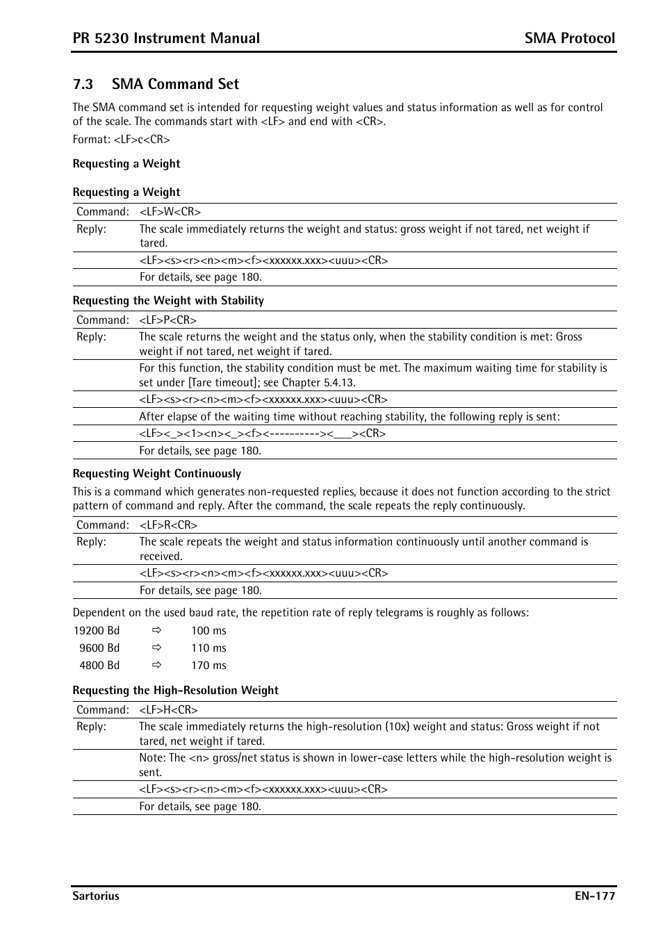 3 sma command set, Requesting a weight, Sma command set | Pr 5230 instrument manual sma protocol | Rice Lake PR5230 Fieldbus Transmitter User Manual | Page 177 / 252