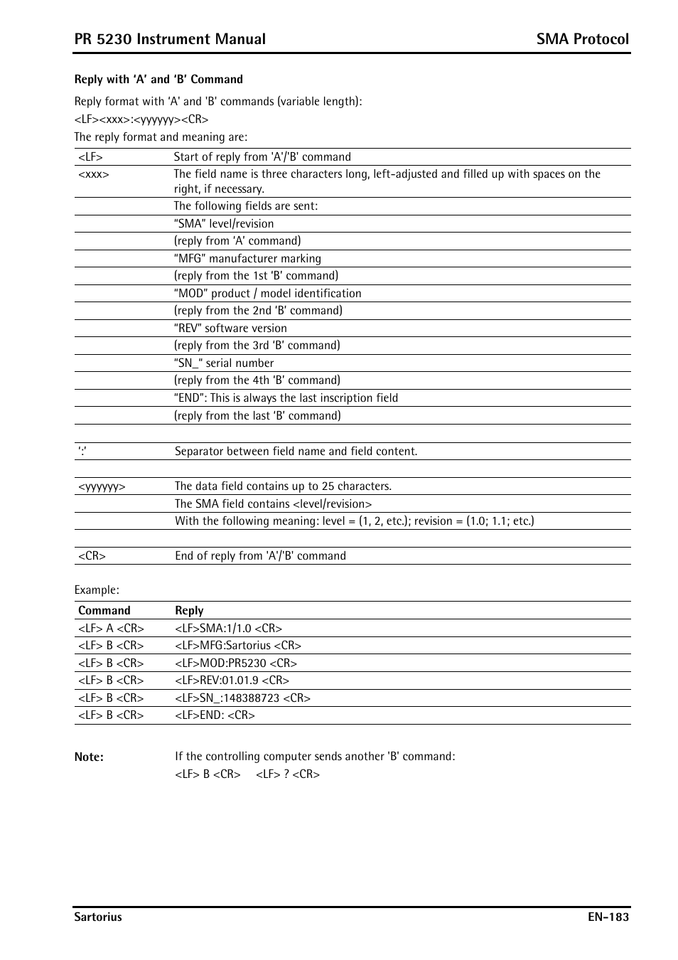 Reply with ‘a’ and ‘b’ command, Pr 5230 instrument manual sma protocol | Rice Lake PR5230 Fieldbus Transmitter User Manual | Page 183 / 252